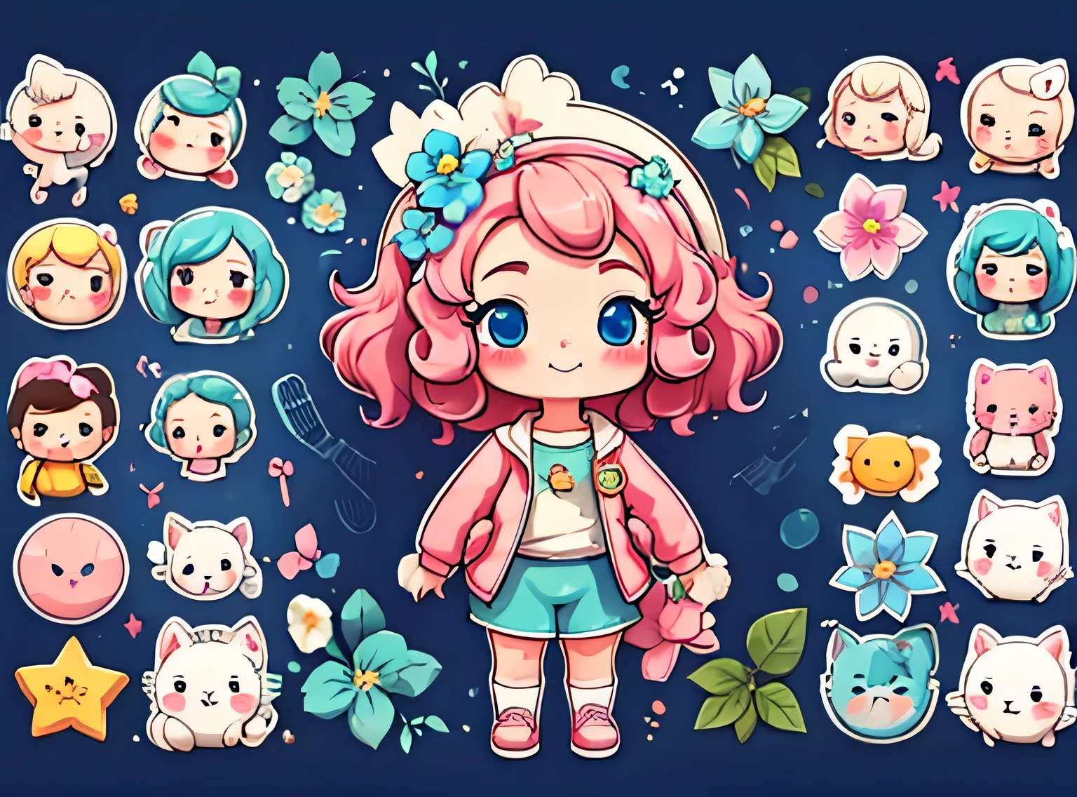 uma de cinco anos、Um sorriso、short and non-binary person, cabelo rosa ondulado e olhos azuis、fundo com flores