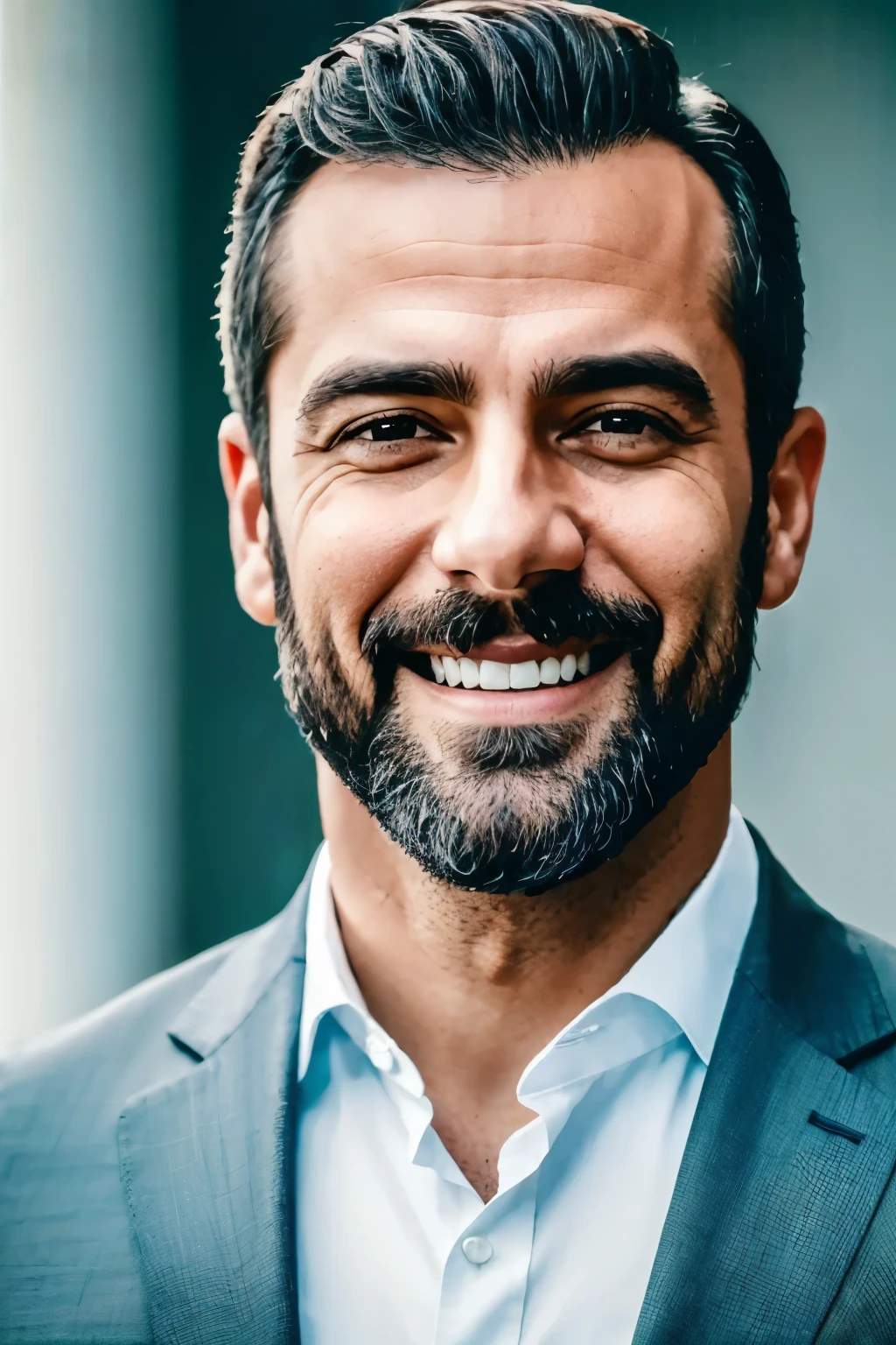 RAW photo in sequence, um homem com terno e gravata estilo business man, ((retrato completo, sorridente)), realizado pelas vendas feitas no site, revezamento de detalhes em Full HD, rosto determinado, planos de fundo definidos pouco desfocados, natural lighting, HDR, foto realista, foto profissional, olhares confiantes para o espectador, visual apelativo, fotorrealista, Attractivo, pele natural, 4K UHD, alta qualidade, film grain, Nikon Z6.