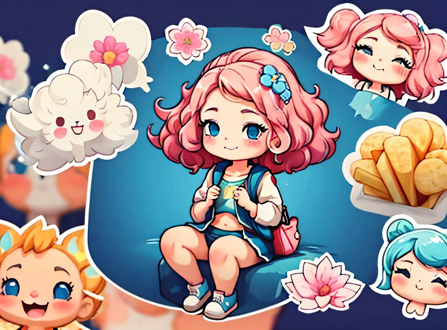 uma de cinco anos、Um sorriso、short and non-binary person, cabelo rosa ondulado e olhos azuis、fundo com flores