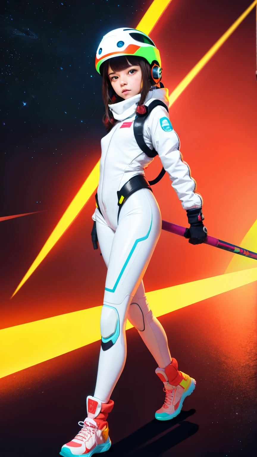 (ultra detailed,ultra high res,detailed background),((2D)),((flat color)),((muted color)),((floating neon)),1girl,solo,looking at viewer, BREAK, spray paint, graffiti, girl in a white space suit wearing her helmet, plush scarf, full body image, adult woman, anatomically perfect face, face in focus, symmetrical face, fencer