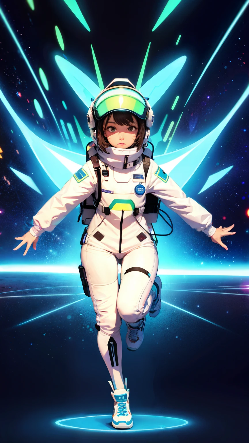 (ultra detailed,ultra high res,detailed background),((2D)),((flat color)),((muted color)),((floating neon)),1girl,solo,looking at viewer, BREAK, spray paint, graffiti, girl in a white space suit wearing her helmet, plush scarf, full body image, adult woman, anatomically perfect face, face in focus, symmetrical face, fencer