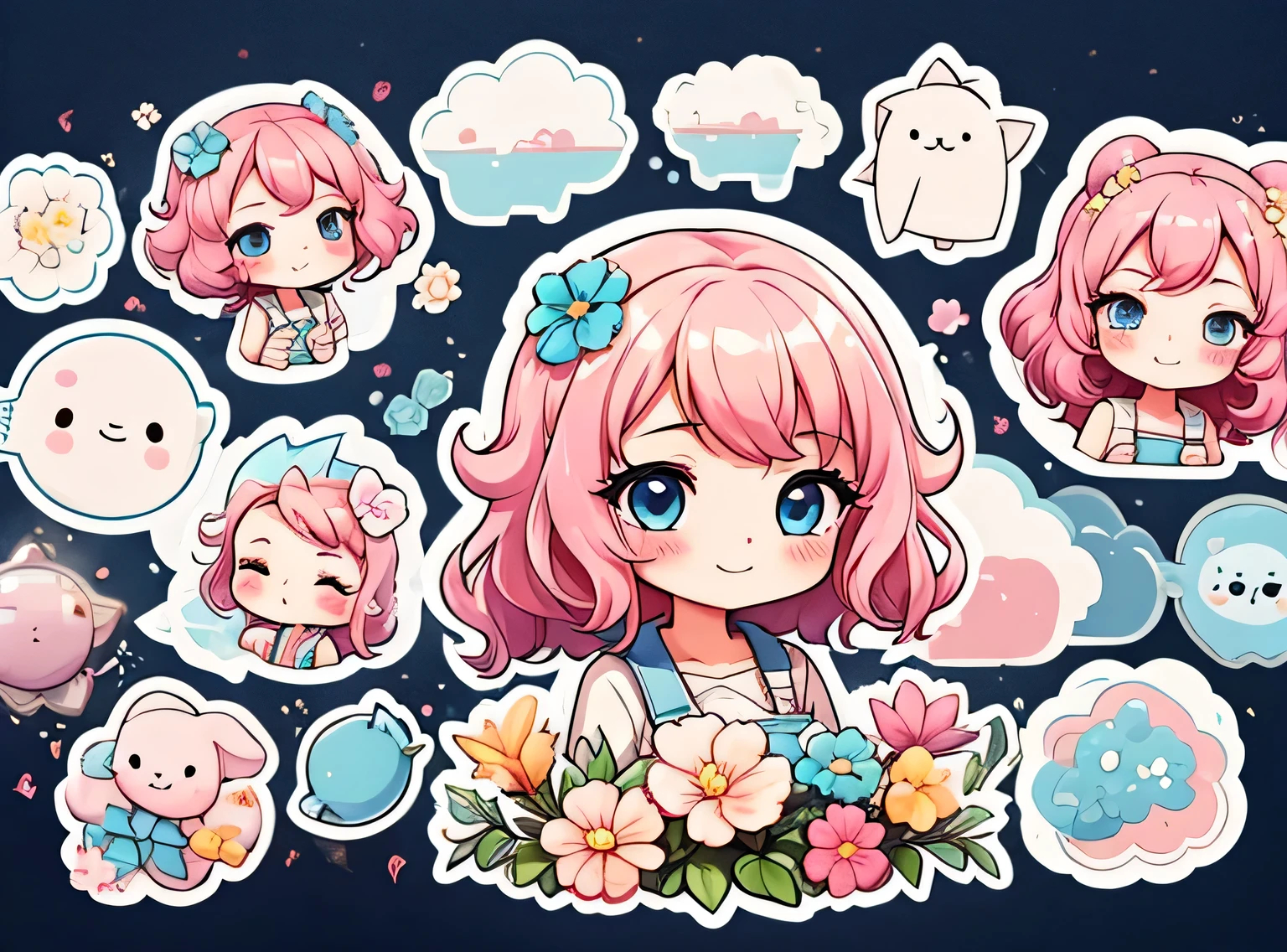 uma de cinco anos、Um sorriso、short and non-binary person, cabelo rosa ondulado e olhos azuis、fundo com flores