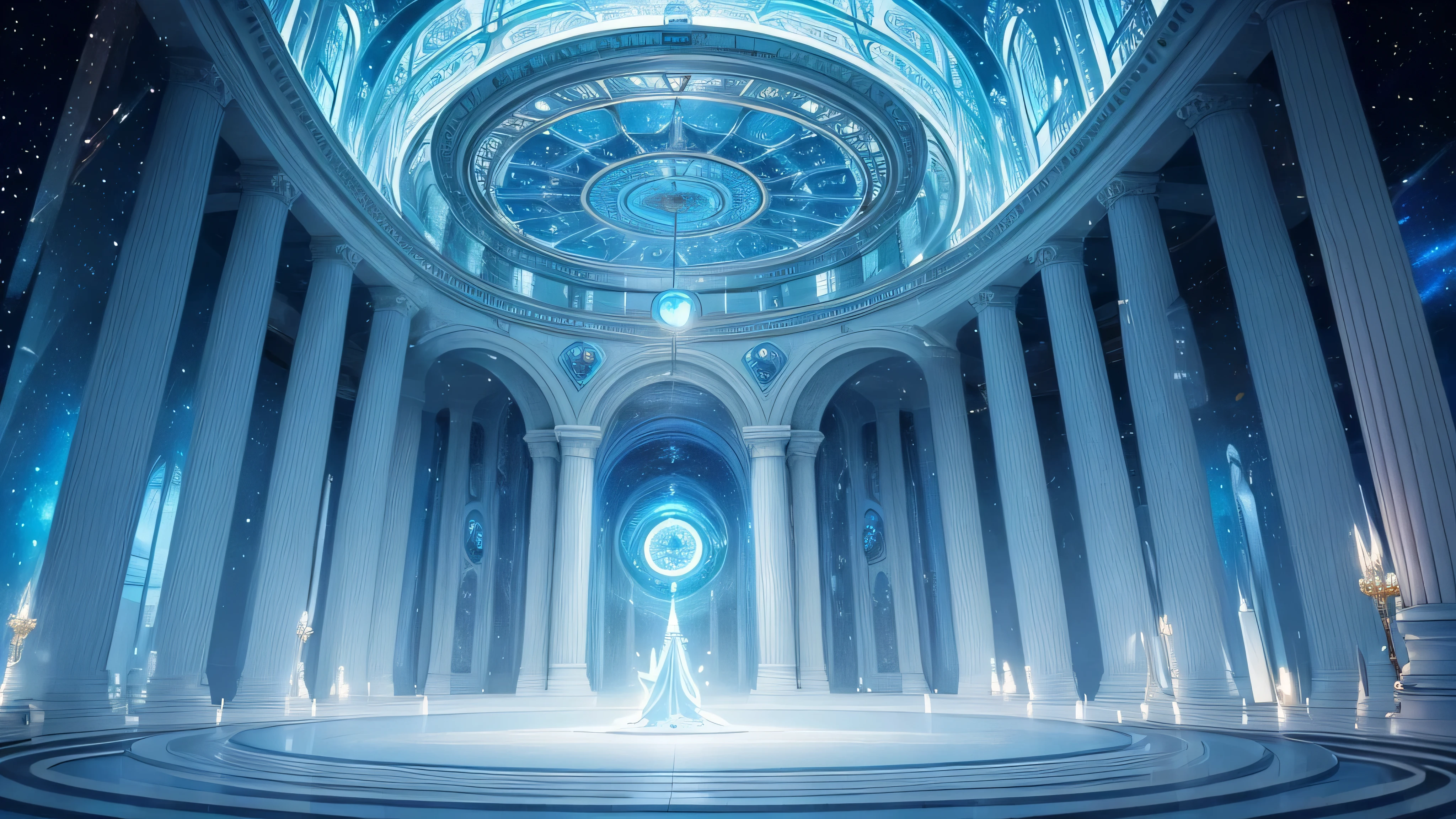 light blue and white、masterpiece、best quality、Extremely intricate and exquisite details、Entering a forgotten time and space、Fantastic and surreal funny dreams、cosmic energy、Strong sense of space and time、Exquisite bell tower、The scene is extremely spectacular、Shocked、A twisted fusion of sparkling magic