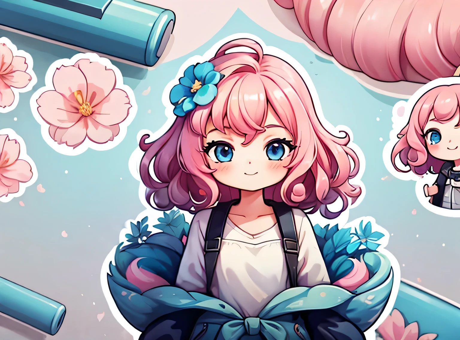 uma de cinco anos、Um sorriso、short and non-binary person, cabelo rosa ondulado e olhos azuis、fundo com flores