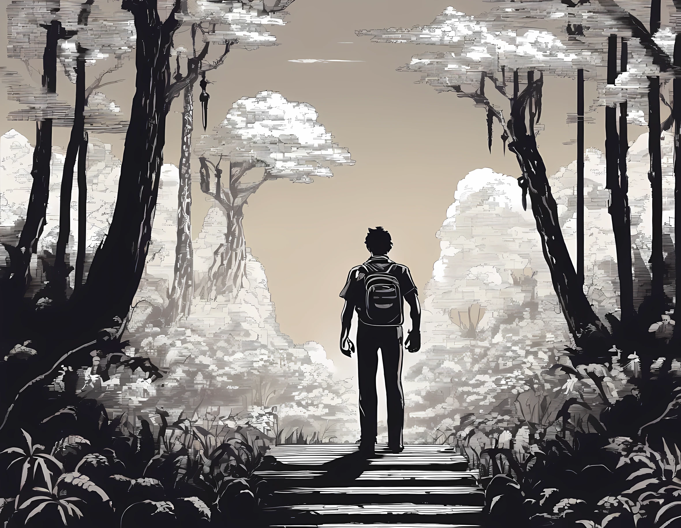 A man walks confidently in the midst of nature's splendor, surrounded by towering trees and dappled sunligh. black and white, warrior chinese anime