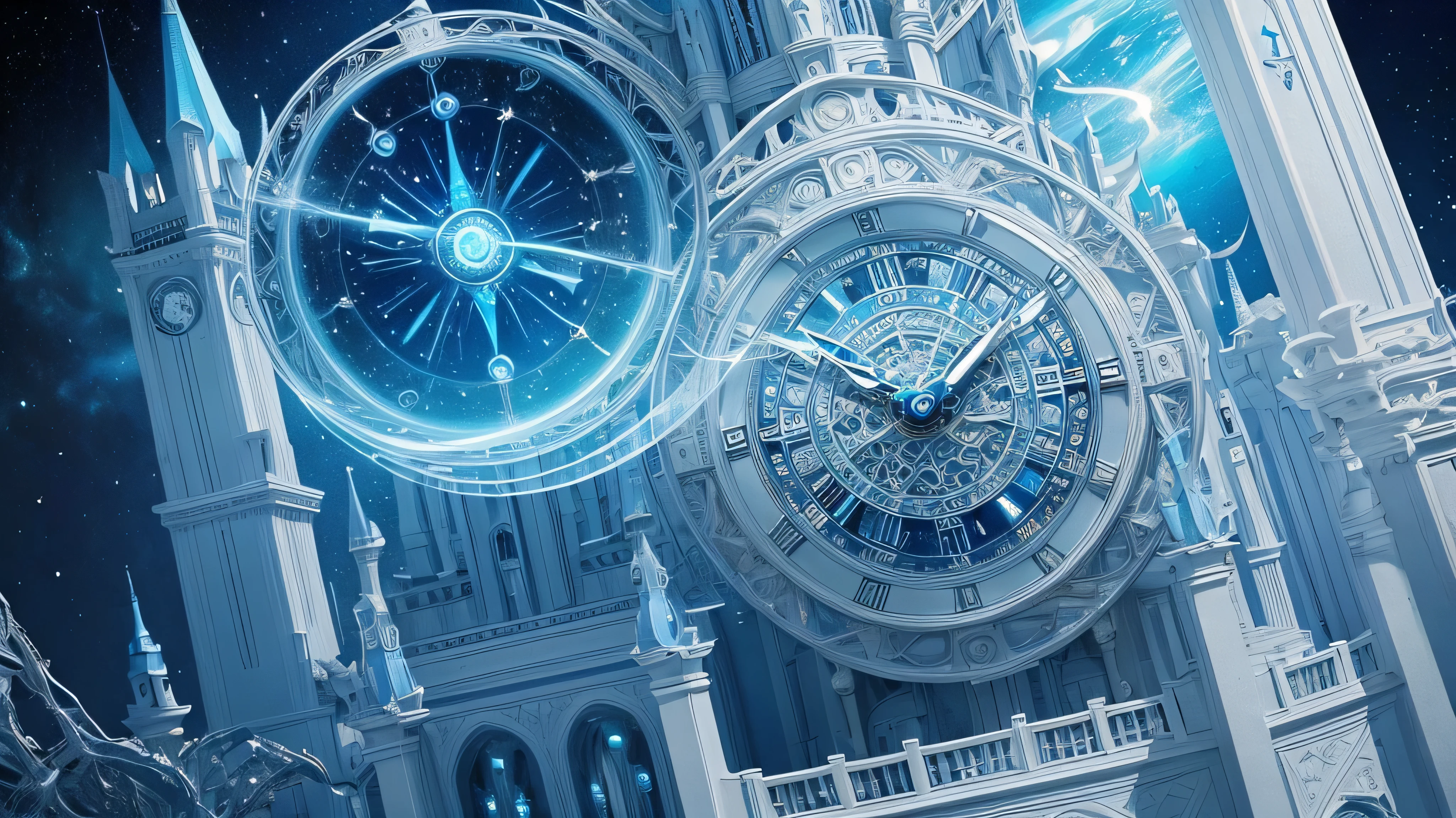 light blue and white、masterpiece、best quality、Extremely intricate and exquisite details、Entering a forgotten time and space、Fantastic and surreal funny dreams、cosmic energy、Strong sense of space and time、Exquisite bell tower、The scene is extremely spectacular、Shocked、A twisted fusion of sparkling magic