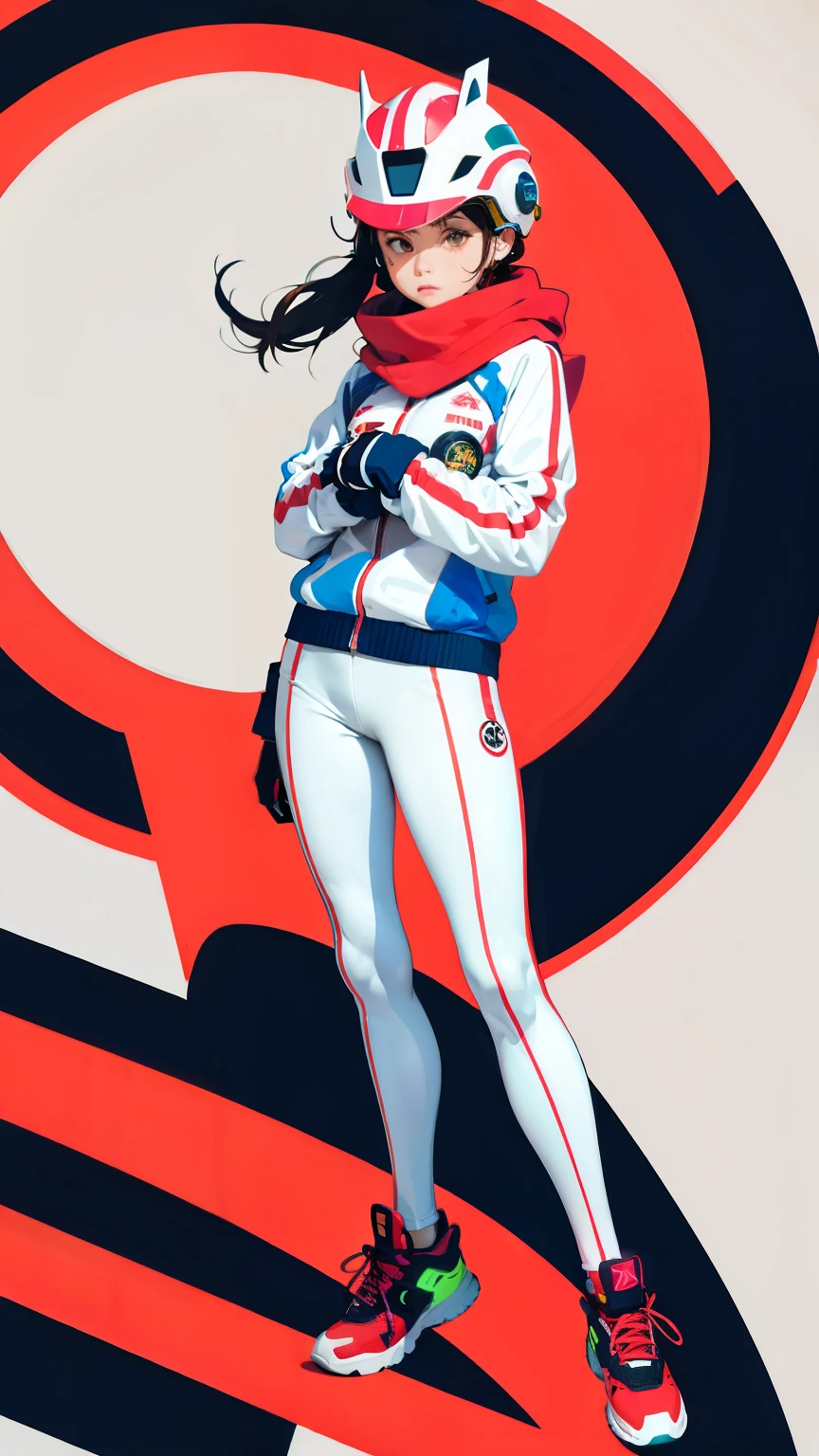 (ultra detailed,ultra high res,detailed background),((2D)),((flat color)),((muted color)),((floating neon)),1girl,solo,looking at viewer, BREAK, spray paint, graffiti, girl in a white fencing suit wearing her helmet, plush scarf, full body image, adult woman, anatomically perfect face, face in focus, symmetrical face, fencer