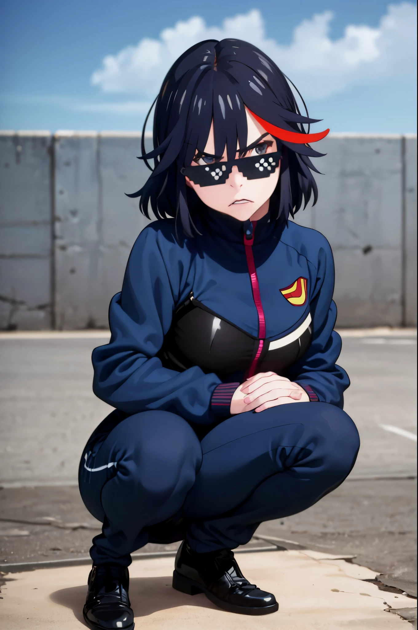 (best quality,ultra-detailed,realistic:1.37) fullframe , a very confidant badass arrogant cocky boss bitch attitude Hoshino 1 solo ryuuko matoi, wearing fully zipped adidas tracksuit slav squatting with both of her hands in her pants pockets with a mean face with a bottle of whisky next to her incrsdealwithit
sunglasses