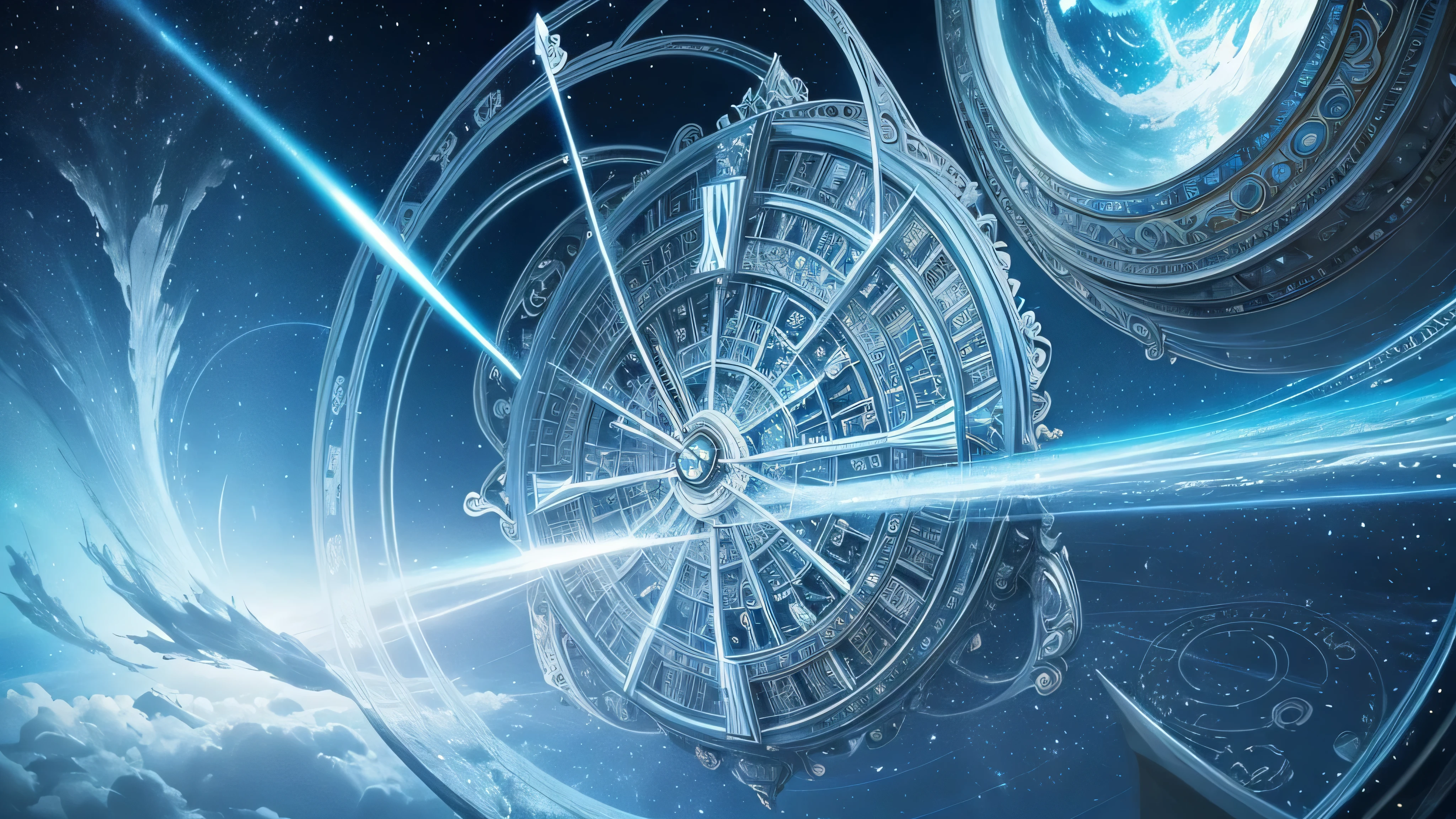 light blue and white、masterpiece、best quality、Extremely intricate and exquisite details、Entering a forgotten time and space、Fantastic and surreal funny dreams、cosmic energy、Strong sense of space and time、Exquisite bell tower、The scene is extremely spectacular、Shocked、A twisted fusion of sparkling magic