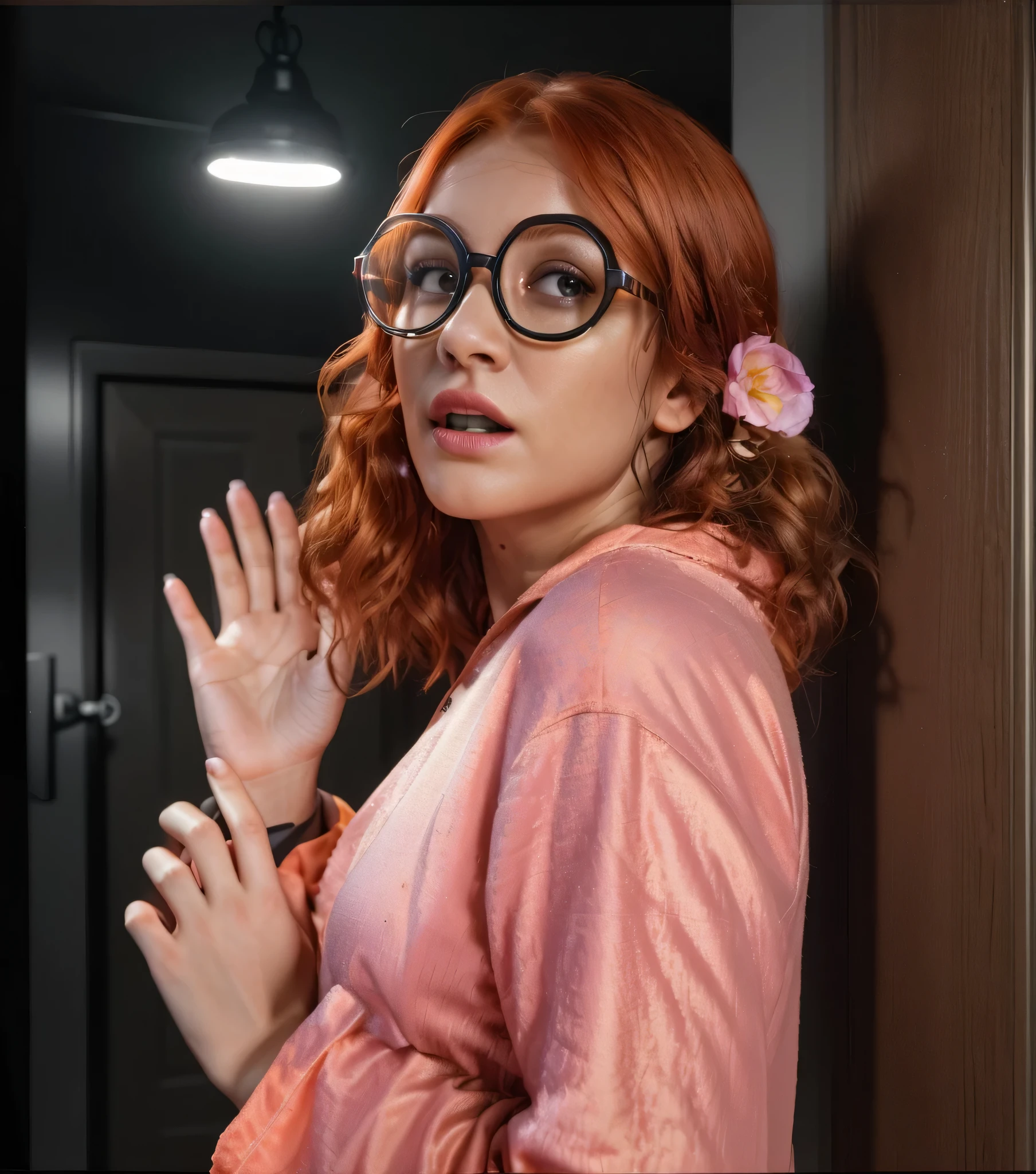 there is a woman with orange wavy hair in a pink pajama and glasses posing for a picture, scared woman, she stays near door, blurry interrior on background, portrait shot, advertising photo, promo image, advertising photo, promotional render, promotional image, promotional art, official render, best quality, 4k, masterpiece:1.2, ultra-detailed, realistic, vivid colors, dark and moody lighting, The image of the highest quality, ensuring every detail showcased perfectly. It in 4k resolution, allowing viewers to immerse themselves in the richness of the colors and intricate details. The realistic rendering. under the spotlight, high-resolution image, realistic rendering, dark background, and rim light, scary atmosphere, detailed digital art, reflective, best quality, 4k, masterpiece:1.2, ultra-detailed, realistic, vivid colors, dark and moody lighting, The image of the highest quality, ensuring every detail showcased perfectly. It in 4k resolution, allowing viewers to immerse themselves in the richness of the colors and intricate details. The realistic rendering. under the spotlight, reflecting, high-resolution image, realistic rendering, dark background, and rim light