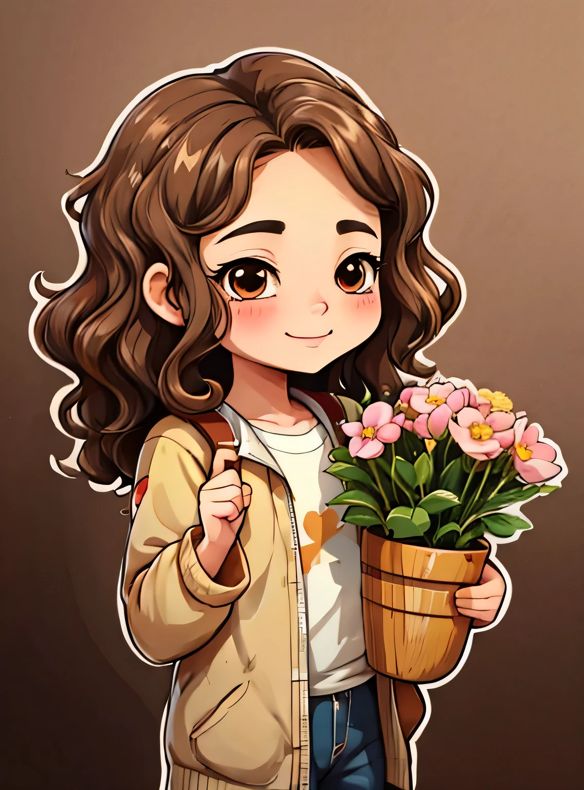 uma de cinco anos、Um sorriso、short and non-binary person, cabelos castanhos ondulados e olhos castanhos、fundo com flores