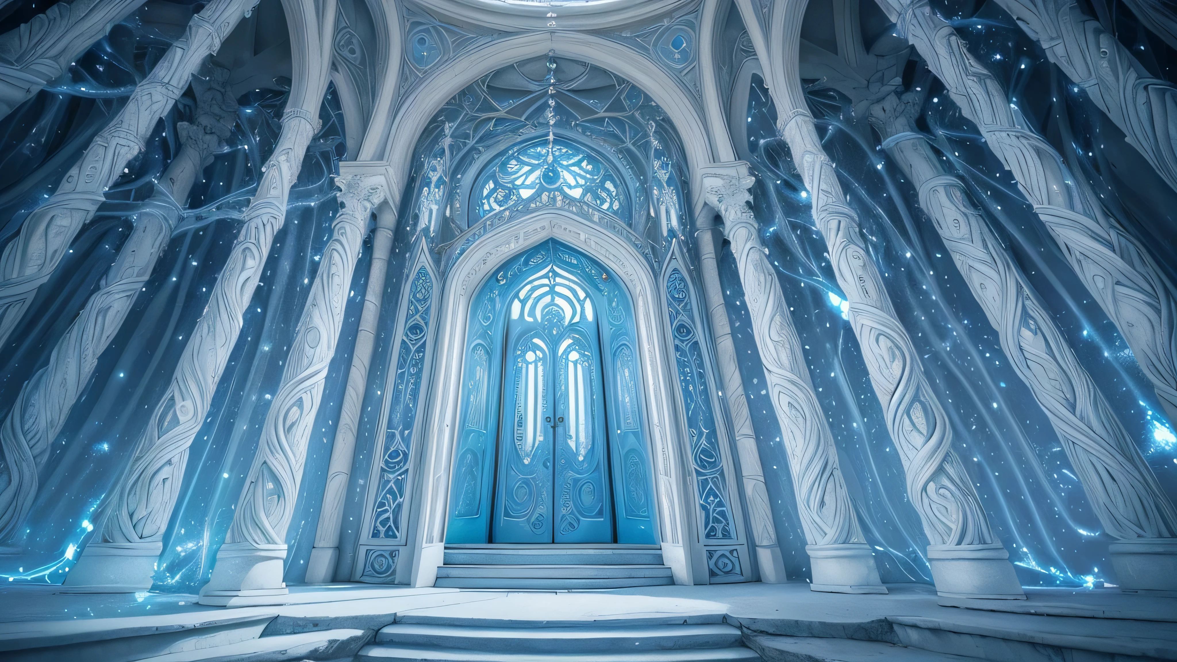 (Light blue-white tones),masterpiece,top quality,Highly intricate and exquisite details,The door to forgotten time and space,Fantasy and surreal funny dreams,cosmic energy,Strong sense of time and space,Beautiful bell tower,Extremely spectacular、Stunning visual scenes,Twisted Fusion Glowing Magic,Old ancient covered light blue and white vines