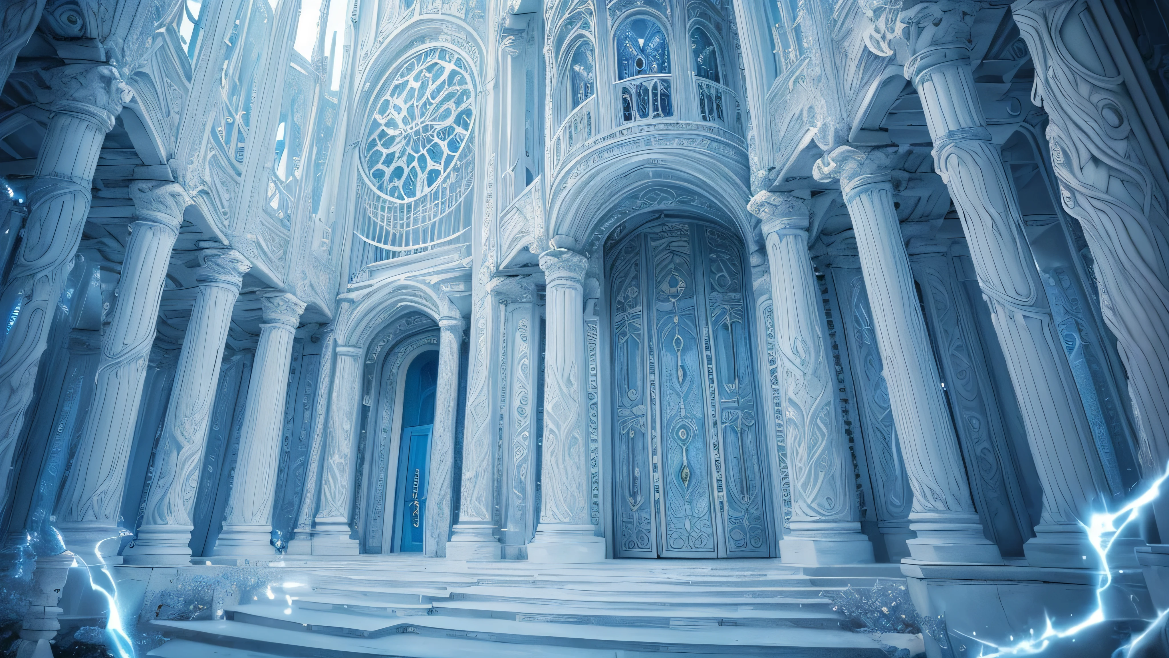 (Light blue-white tones),masterpiece,top quality,Highly intricate and exquisite details,The door to forgotten time and space,Fantasy and surreal funny dreams,cosmic energy,Strong sense of time and space,Beautiful bell tower,Extremely spectacular、Stunning visual scenes,Twisted Fusion Glowing Magic,Old ancient covered light blue and white vines