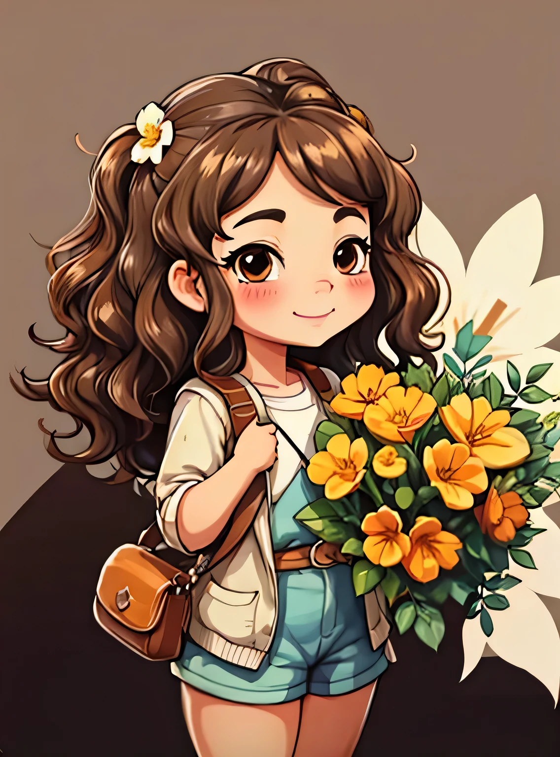uma de cinco s、Um sorriso、short and non-binperson, cabelos castanhos ondulados e olhos castanhos、fundo com flores