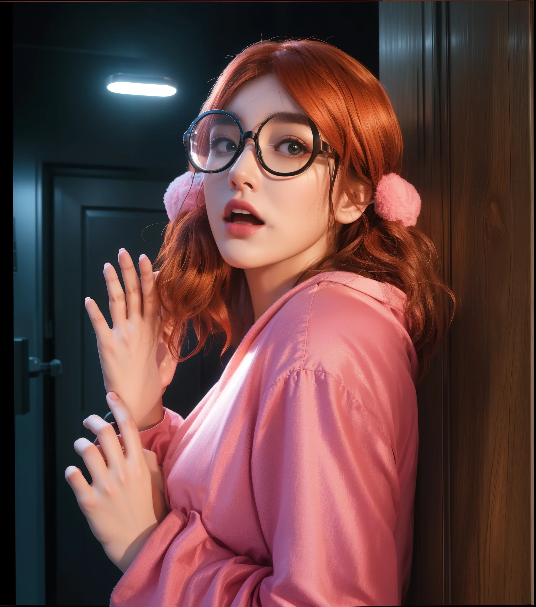 there is a woman with orange wavy hair in a pink pajama and glasses posing for a picture, scared woman, she stays near door, blurry interrior on background, portrait shot, advertising photo, promo image, advertising photo, promotional render, promotional image, promotional art, official render, best quality, 4k, masterpiece:1.2, ultra-detailed, realistic, vivid colors, dark and moody lighting, The image of the highest quality, ensuring every detail showcased perfectly. It in 4k resolution, allowing viewers to immerse themselves in the richness of the colors and intricate details. The realistic rendering. under the spotlight, high-resolution image, realistic rendering, dark background, and rim light, scary atmosphere, detailed digital art, reflective, best quality, 4k, masterpiece:1.2, ultra-detailed, realistic, vivid colors, dark and moody lighting, The image of the highest quality, ensuring every detail showcased perfectly. It in 4k resolution, allowing viewers to immerse themselves in the richness of the colors and intricate details. The realistic rendering. under the spotlight, reflecting, high-resolution image, realistic rendering, dark background, and rim light