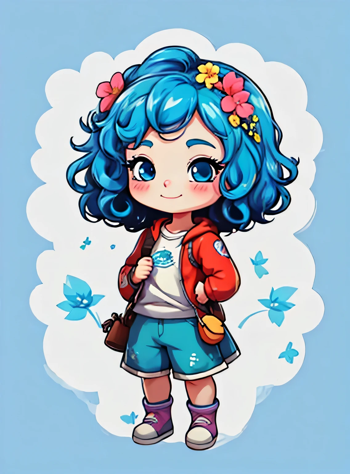 uma de cinco anos、Um sorriso、short and non-binary person, cabelos azuis ondulados e olhos azuis、fundo com flores