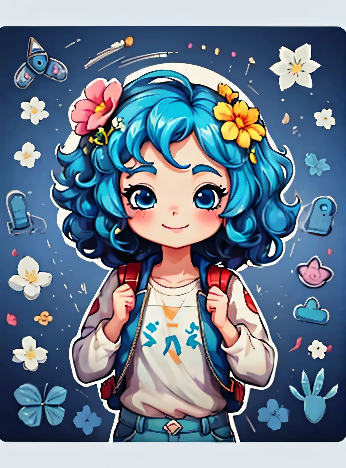 uma de cinco anos、Um sorriso、short and non-binary person, cabelos azuis ondulados e olhos azuis、fundo com flores