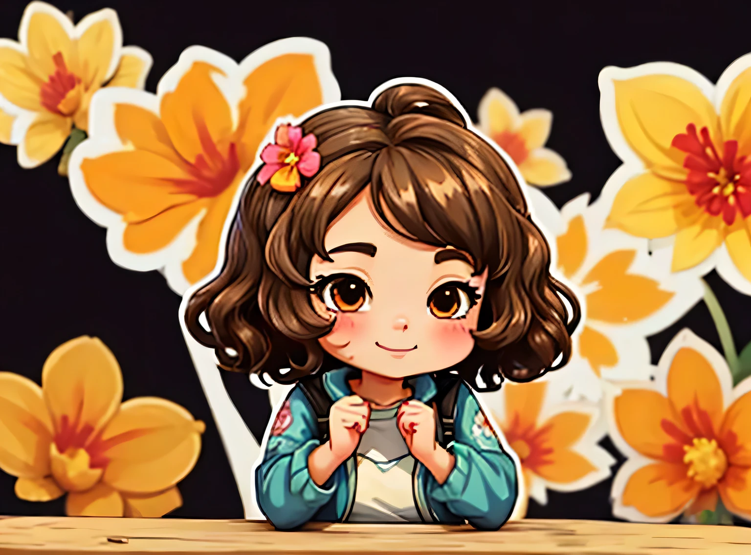 uma de cinco anos、Um sorriso、short and non-binary person, cabelos castanhos ondulados e olhos castanhos、fundo com flores