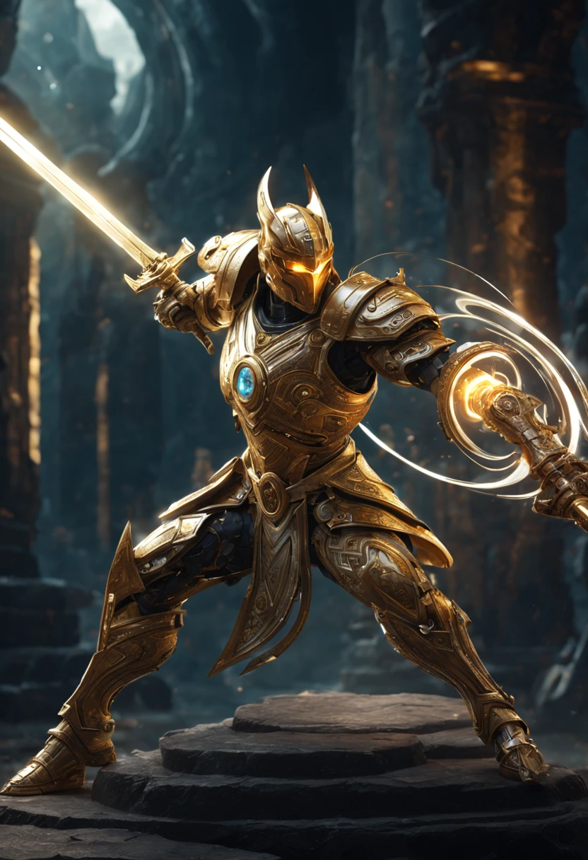 
            Golden stunning mechanical warrior with glowing crystal sword fighting stance, attack posture, Sword holding posture,

               Abstract background magic swirl with sophisticated features in a sci-fi environment,灯光 hyper-realistic  实际的, High detail style dynamic lighting pro is intricate,Super detailed, Realistic rendering, Unreal Engine, hyper-realistic, lifelike,  fantasy, epic work, masterpiece