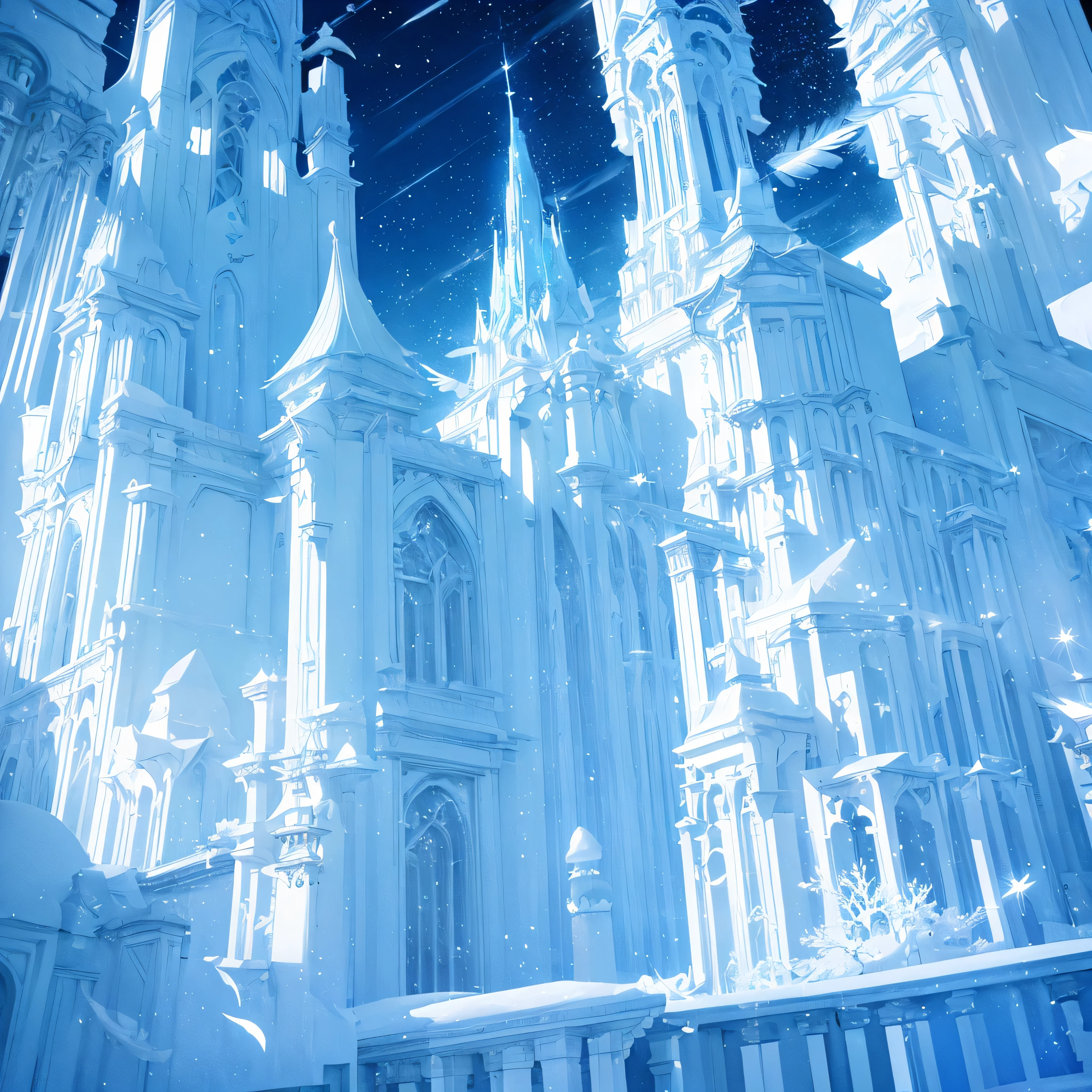 (Light blue-white tones,Shocking and magnificent uninhabited landscape,Silent Snow City World),quiet,healing feeling,(fantastic white feathers),snowflake crystal structure,(best quality,masterpiece,Extremely complex and exquisite details),scenography