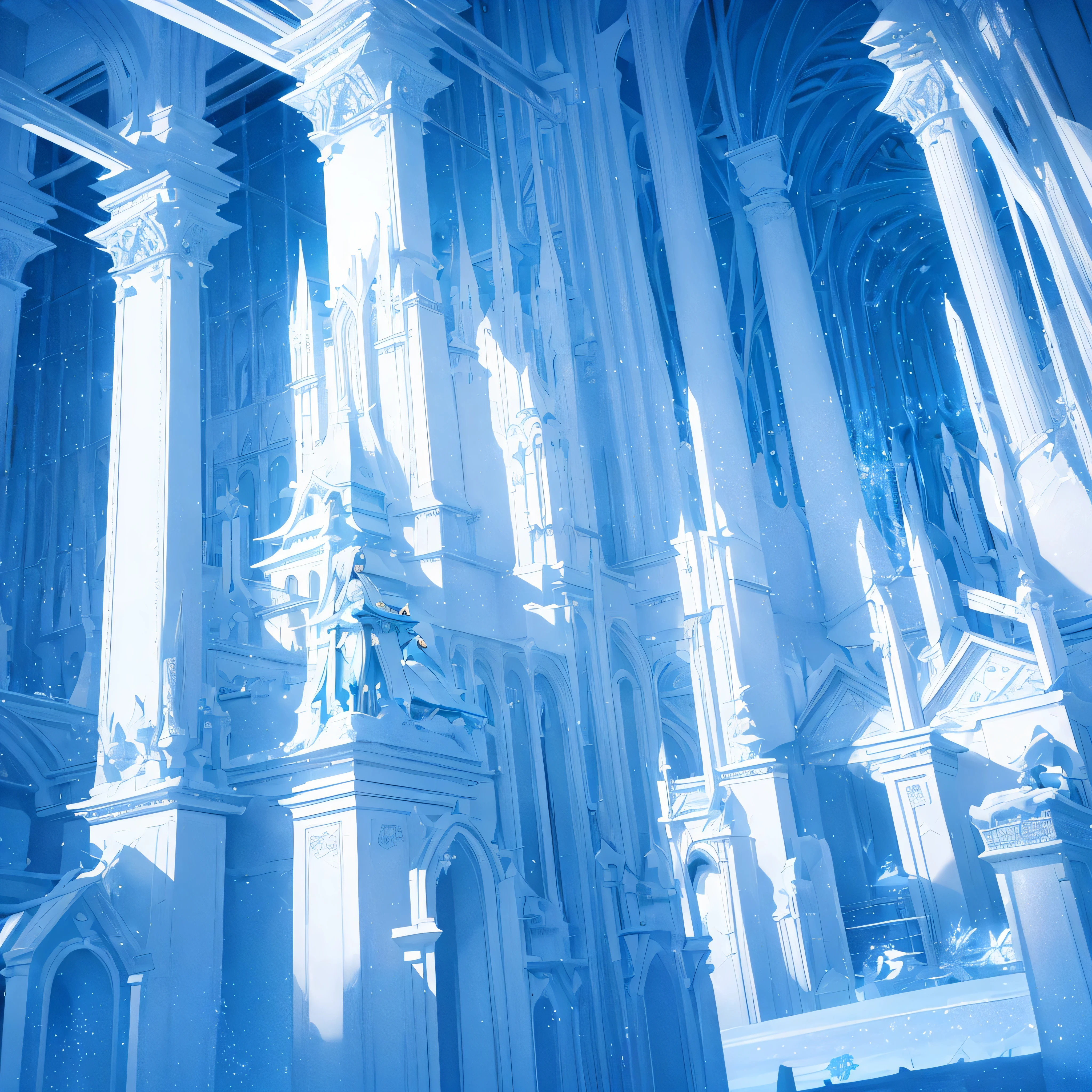 (Light blue-white tones，Shocking and magnificent uninhabited landscape，Silent Snow City World)，quiet，healing feeling，(fantastic white feathers)，snowflake crystal structure，(best quality，masterpiece，Extremely complex and exquisite details)，scenography