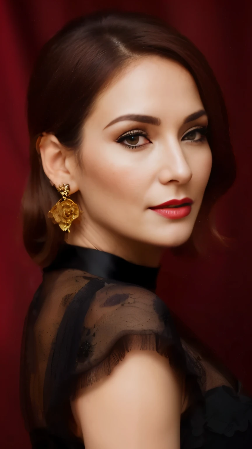 8K, raw photo, Fujifilm, Stylish photo of a beautiful 45 year old woman, Square Face, red rose on the neck, in a black lace dress with red, Golden earrings, Strengths, such as the spinning pigeon, (very detailed skin: 1.2), Medium brown hair with blonde hair, granularity, 35 mm, Cute Style