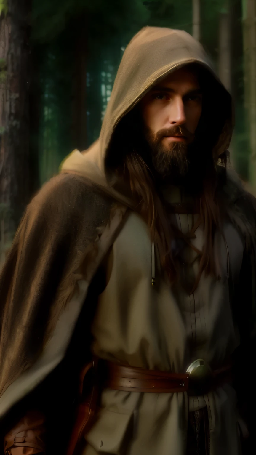man, long brown hair, bearded, Medieval Druid Hunter, in the middle of a dense forest at night, Hooded, medieval style, Realistic, ultra detailed