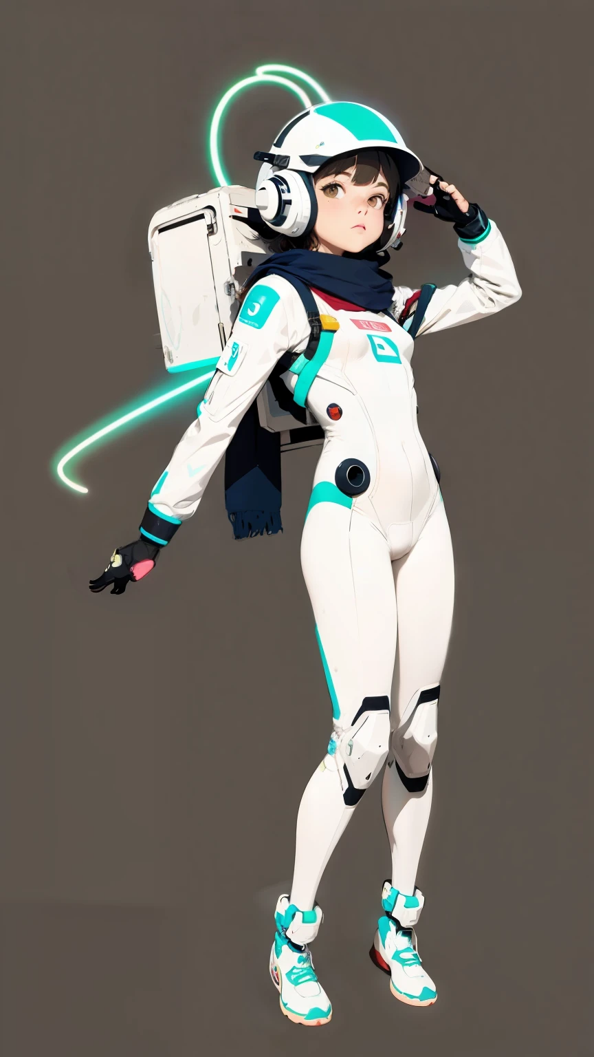 (ultra detailed,ultra high res,detailed background),((2D)),((flat color)),((muted color)),((floating neon)),1girl,solo,looking at viewer, BREAK, spray paint, graffiti, girl in a white space suit wearing her helmet, plush scarf, full body image, adult woman, anatomically perfect face, face in focus, symmetrical face, 1950's style
