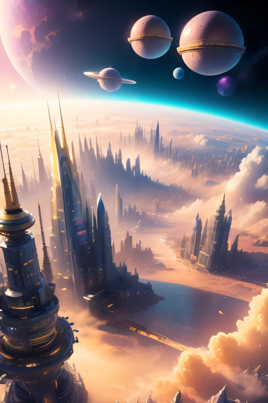 Influencer girl in yellow space suit on floating city, in background show (Best quality,4K,8K,A high resolution,Masterpiece:1.2),Ultra-detailed,(Realistic,Photorealistic,photo-realistic:1.37),Futuristic floating city,Futuristic technology,Huge high-tech tablet platform,Floating in the sky,Futuristic city,Small airships around,High-tech hemispherical platform, city floating on lots of yellow clouds, city on top of dusty clouds, yellow clouds at bottom, golden orange yellow tones ,sunset, hot weather, girl enthusiasm, laughing smiling, girl in yellow spacesuit. capture venus terrains yellow and brown land, dusty environment, hot summer, desert weather