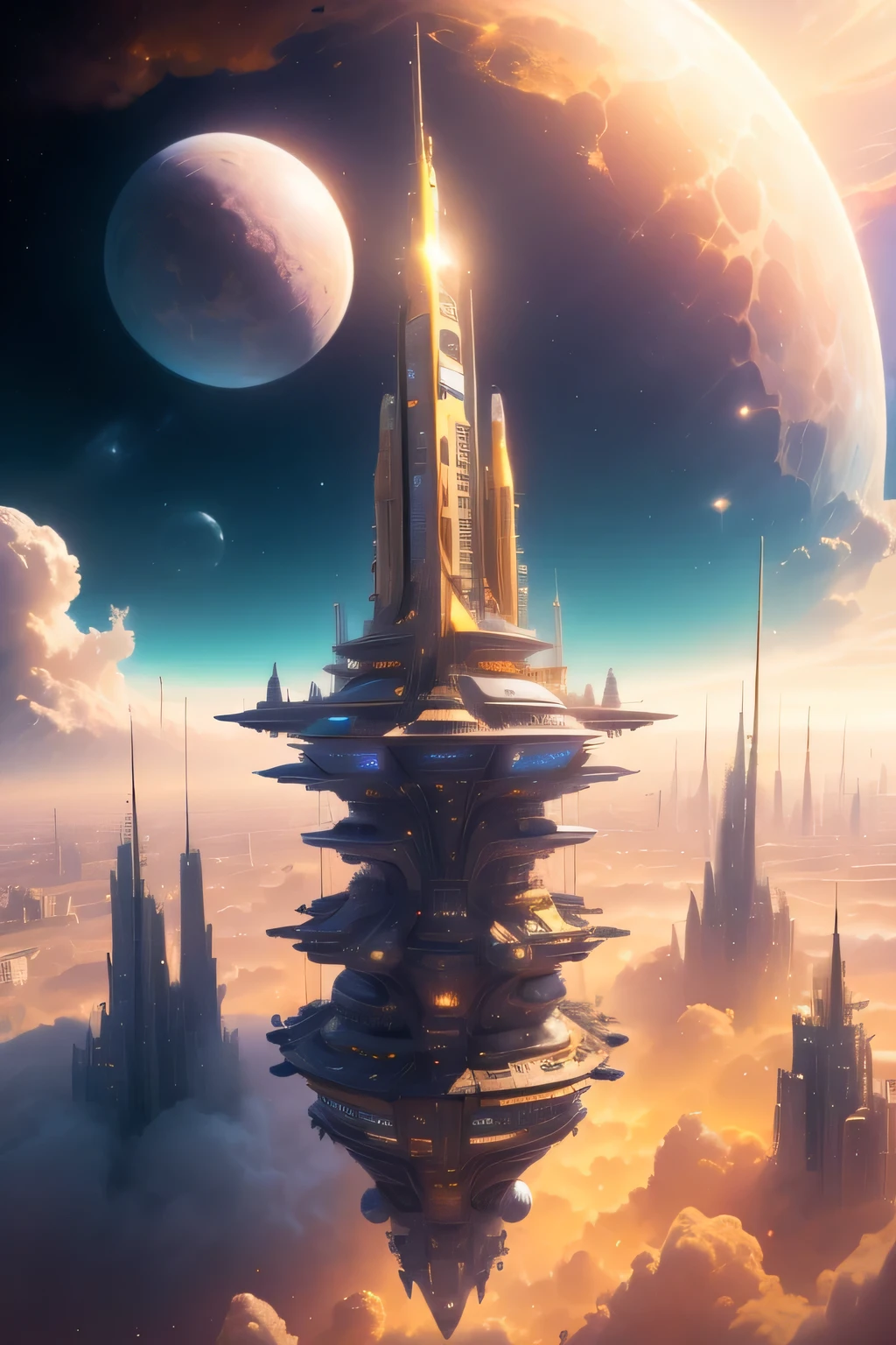 Influencer girl in yellow space suit on floating city, in background show (Best quality,4K,8K,A high resolution,Masterpiece:1.2),Ultra-detailed,(Realistic,Photorealistic,photo-realistic:1.37),Futuristic floating city,Futuristic technology,Huge high-tech tablet platform,Floating in the sky,Futuristic city,Small airships around,High-tech hemispherical platform, city floating on lots of yellow clouds, city on top of dusty clouds, yellow clouds at bottom, golden orange yellow tones ,sunset, hot weather, girl enthusiasm, laughing smiling, girl in yellow spacesuit. capture venus terrains yellow and brown land, dusty environment, hot summer, desert weather