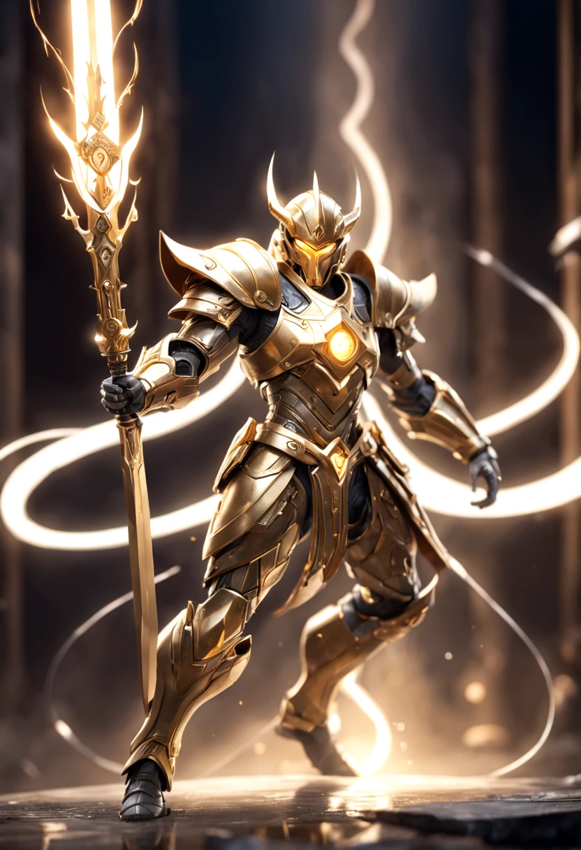 Golden stunning mechanical warrior with glowing crystal sword fighting stance, attack posture, Sword holding posture,
Abstract background magic swirl with sophisticated features in a sci-fi environment,灯光 hyper-realistic 实际的, High detail style dynamic lighting pro is intricate,Super detailed, Realistic rendering, Unreal Engine, hyper-realistic, lifelike, fantasy, epic work, masterpiece