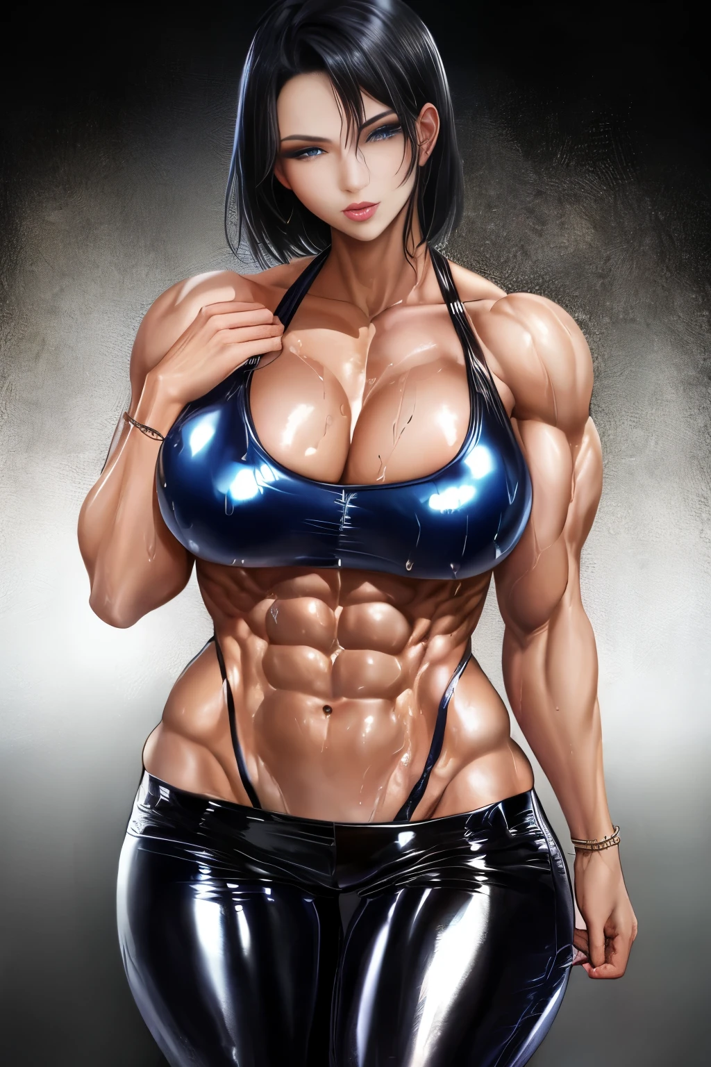 Realistic Huang Tingting, Delicate messy short black hair, medium shot , delicate skin, detailed body, muscular, alone, Wear Glitter Latex Glitter Leather Low Rise Pants, Huge big breasts, Thick thighs, wide hips, muscular手臂, there are many, bulging veins in the body, vein, muscle veins, abdominal muscles, Thick thighs, blue eyes, natural skin texture, 迷你背心露出纤细abdominal muscles, skin glowing, skin glowing, wet skin, soak, skin glowing, oily skin, in the mediterranean, high contrast, Realistic skin, skin pores, intricate details, black background, high contrast, Realistic skin, skin pores, intricate details, RAW photos, , glossy lips, sweet lips, nice nose, Lifelike rendering, immersive atmosphere, chiaroscuro, Moody light, perfect female body, Realistic skin, skin pores
