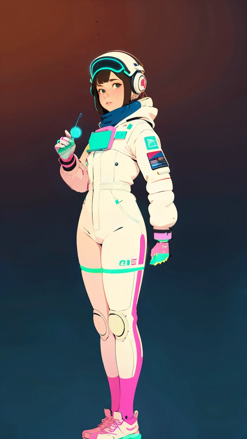 (ultra detailed,ultra high res,detailed background),((2D)),((flat color)),((muted color)),((floating neon)),1girl,solo,looking at viewer, BREAK, spray paint, graffiti, girl in a white space suit wearing her helmet, plush scarf, full body image, adult woman, anatomically perfect face, face in focus, symmetrical face, 1950's style