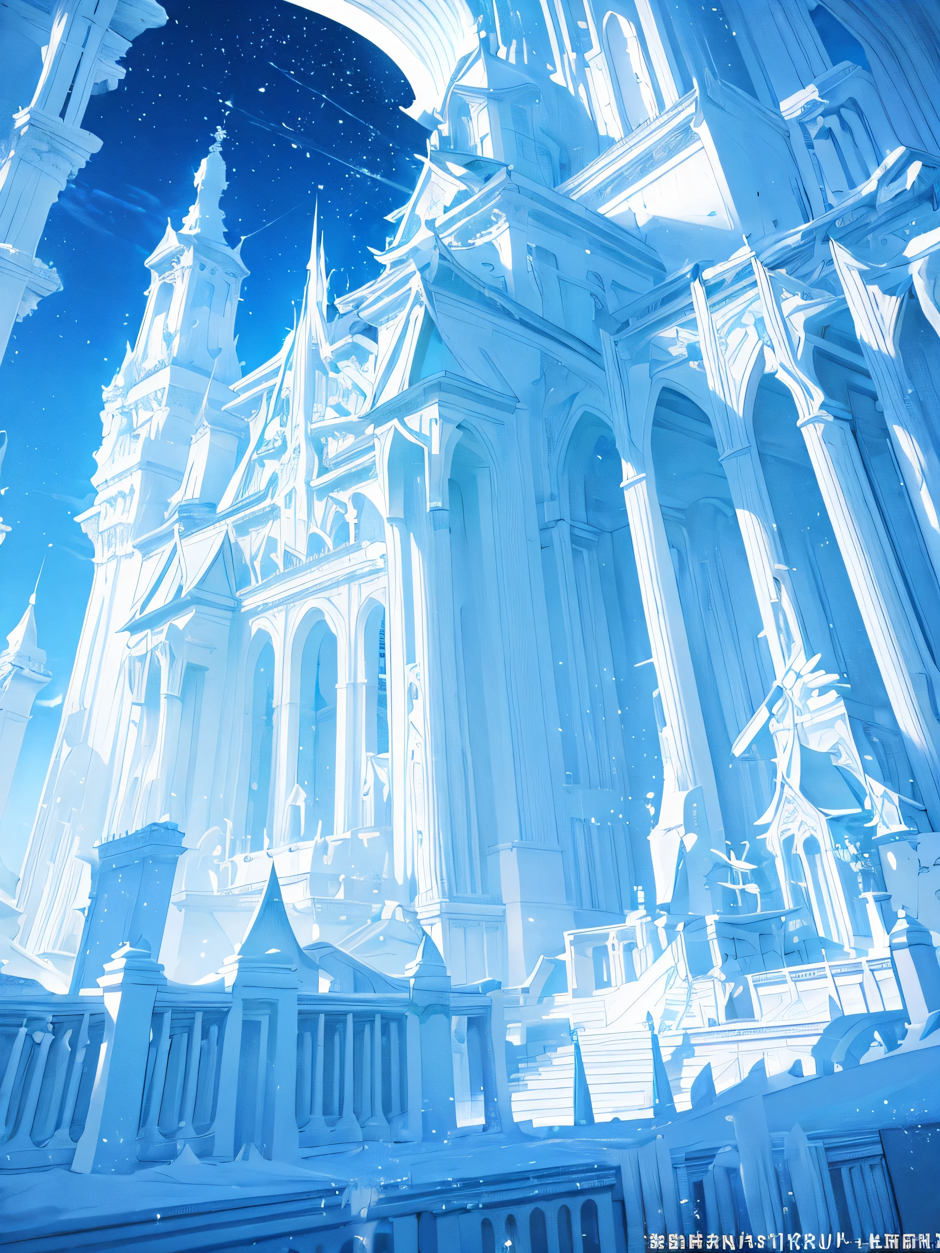 (Light blue-white tones,Shocking and magnificent uninhabited landscape,Silent Snow City World),quiet,healing feeling,(fantastic white feathers),snowflake crystal structure,(best quality,masterpiece,Extremely complex and exquisite details),scenography