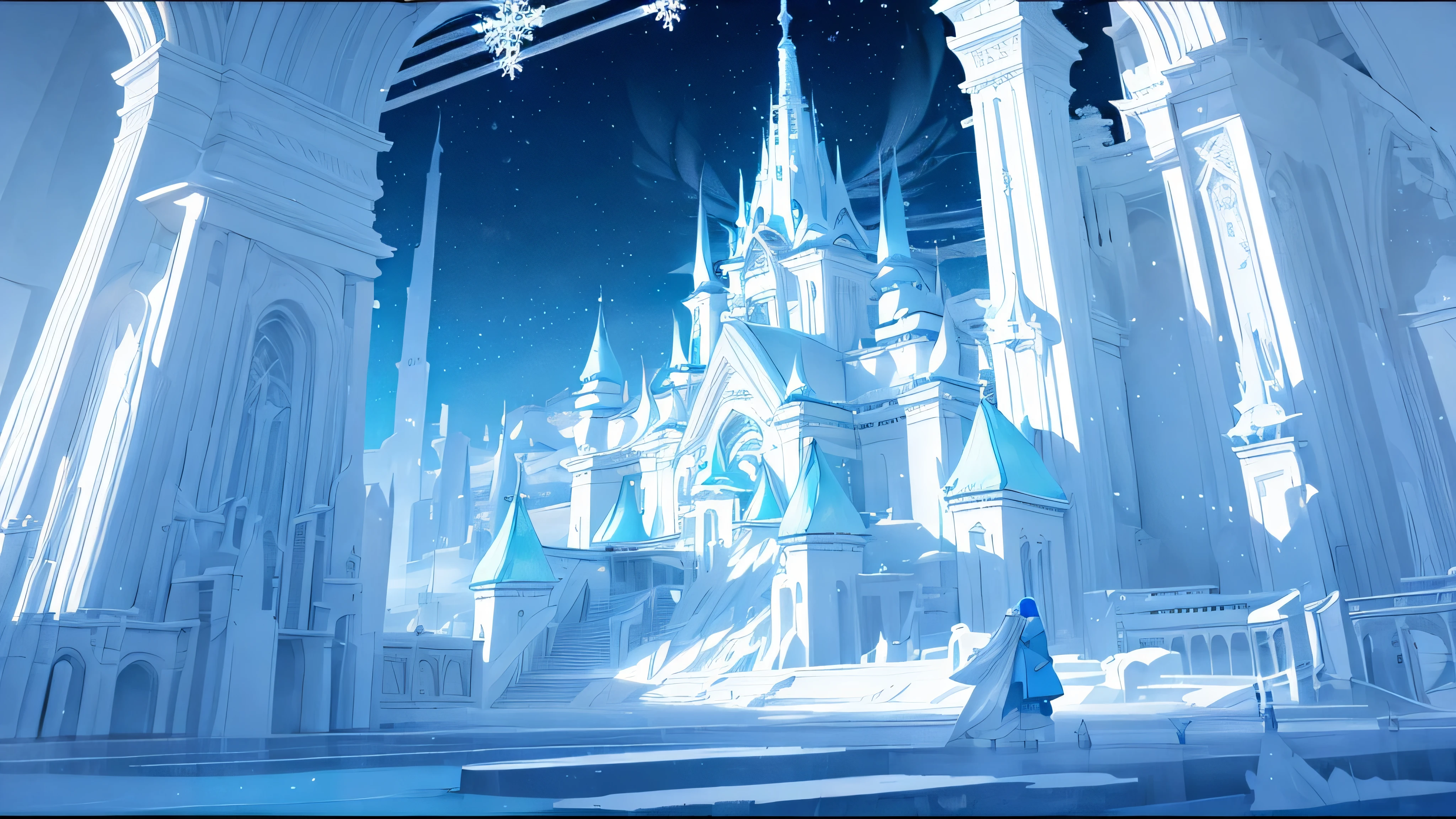 (Light blue-white tones，Shocking and magnificent uninhabited landscape，Silent Snow City World)，quiet，healing feeling，(fantastic white feathers)，snowflake crystal structure，(best quality，masterpiece，Extremely complex and exquisite details)，scenography