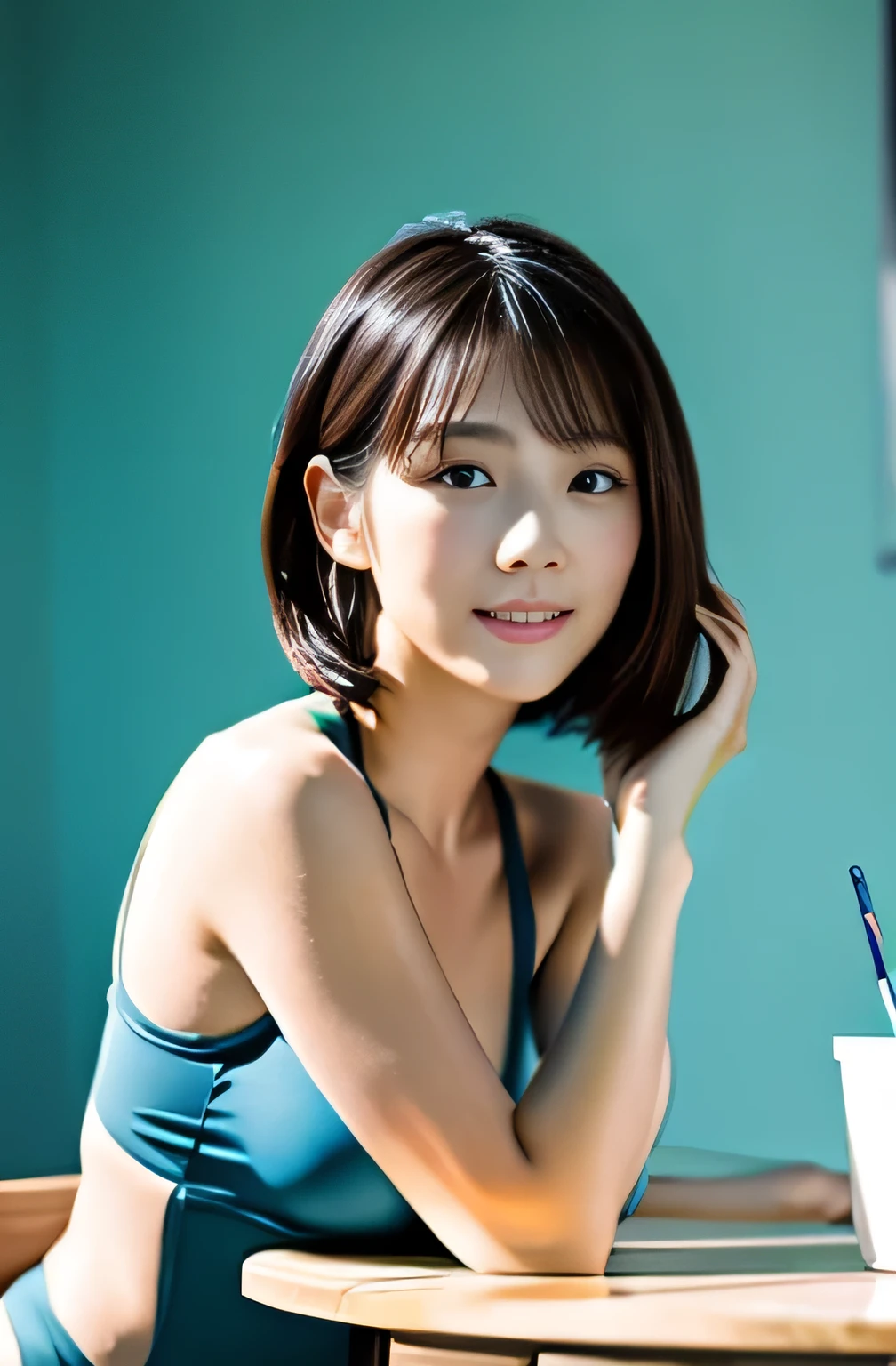 table top, highest quality, shape, Super detailed, finely, High resolution, 8k wallpaper, Beautiful woman at 30 years old,sexy,Japanese、short cut hair、blue swimsuit、between the legs