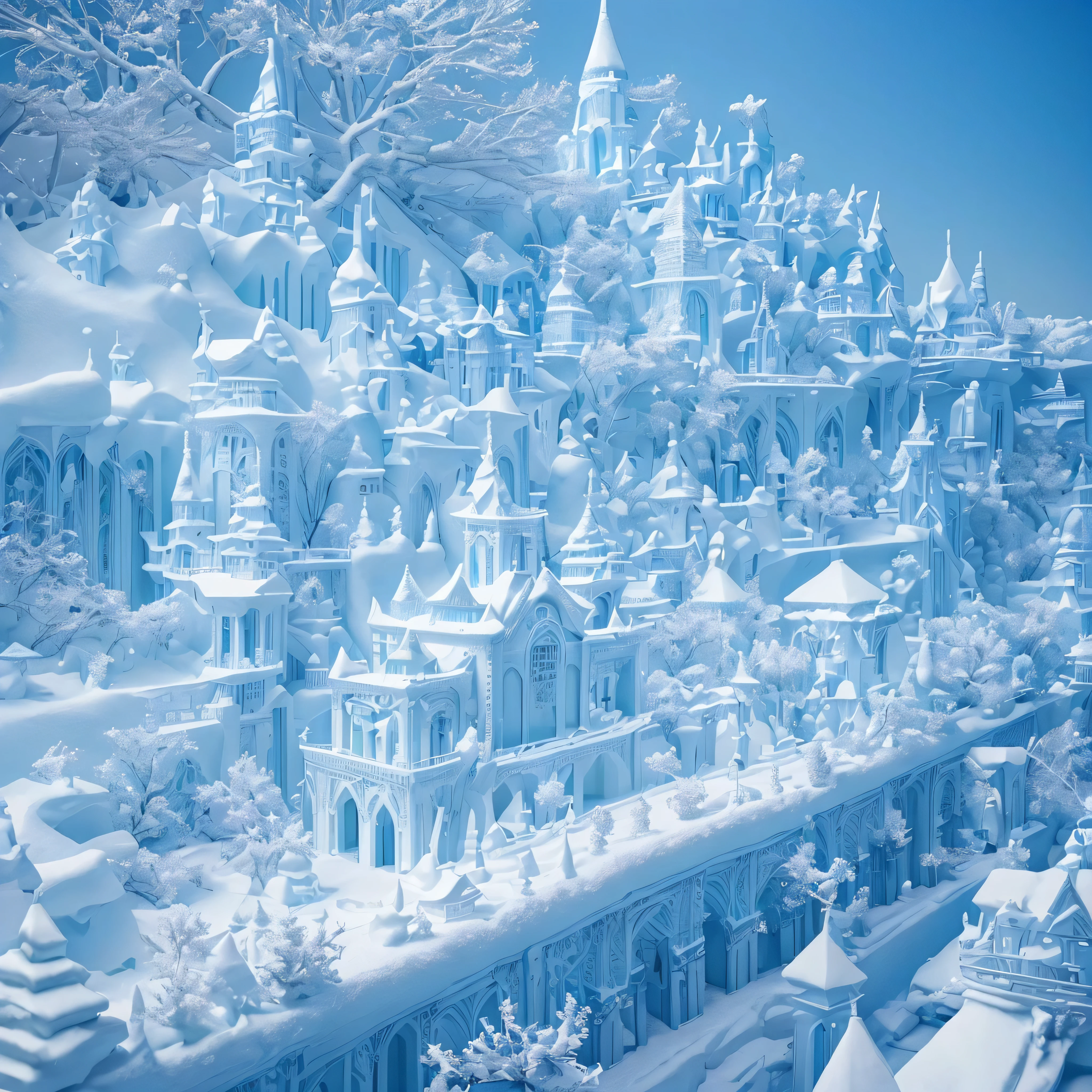 (Light blue-white tones，Shocking and magnificent uninhabited landscape，Silent Snow City World)，quiet，healing feeling，((Falling white feathers))，snowflake crystal structure，(best quality，masterpiece，Extremely complex and exquisite details)，scenography