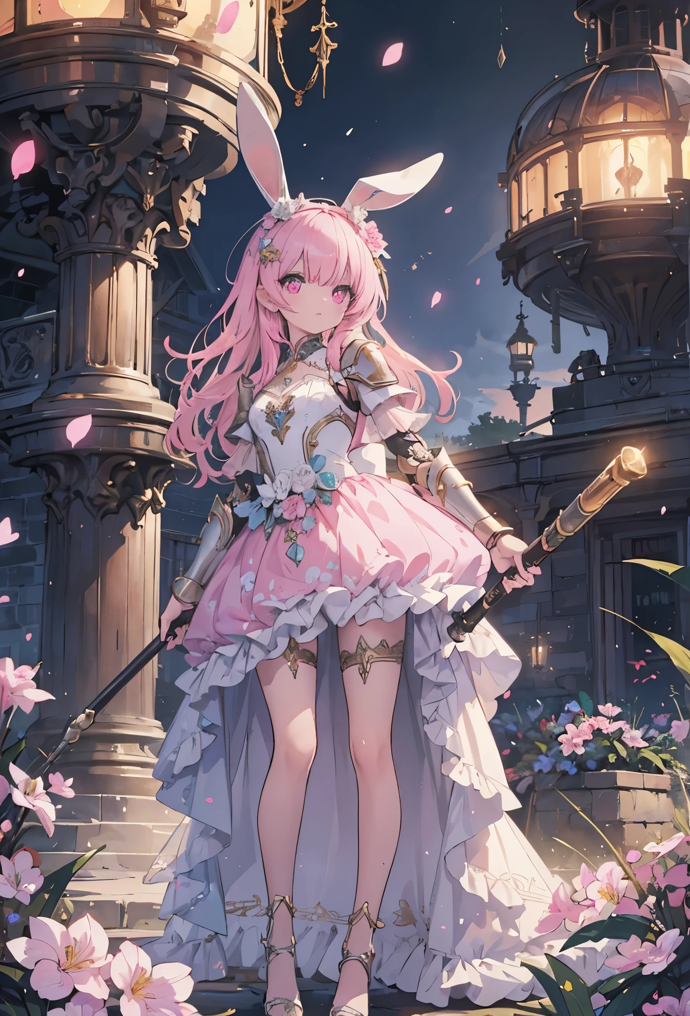 ((Highly accurate drawing in every detail)Extremely precise depiction)[High resolution],(detailed illustrations,とてもfineで緻密な描画,Delicate drawn lines with tempo,Realistic texture expression),[color traced main line],(fantasy world battlefield [burning castle]),(GIRL ROBOT  (pink rabbit [METALFACE[clear lenticular iris]])) [WEAPON MACHINE],(([petal] metal dress [frills]) [flower pattern] [Clear pink translucent armor that covers the body surface]) [ribbon]) [Energy tubes that glow at the joints],[use a sledgehammer as a weapon],[[Mobile Weapon Gigant Size][science fiction mechanical]],(Metallic luster on metal parts),(intricate and beautiful decoration [Dense detail]),(Precisely drawn face)[perfect eye details(Beautifully detailed iris)(Eyes like deep jewels)],(eyes light[Pinpoint lighting for the eyes]),[long and beautiful eyelashes],[precisely drawn hair [Beautiful and shiny hair details]],(perfect hand details [Beautiful fingers with no damage [beautiful nails]]),(perfect anatomy(perfectly balanced proportions))[[full body portrait]],[ideal color coordination(Accurate simulation of light and material interactions)],[Visual art that tells a story],((highest quality)fine[[High density drawing]])(4K Quality).