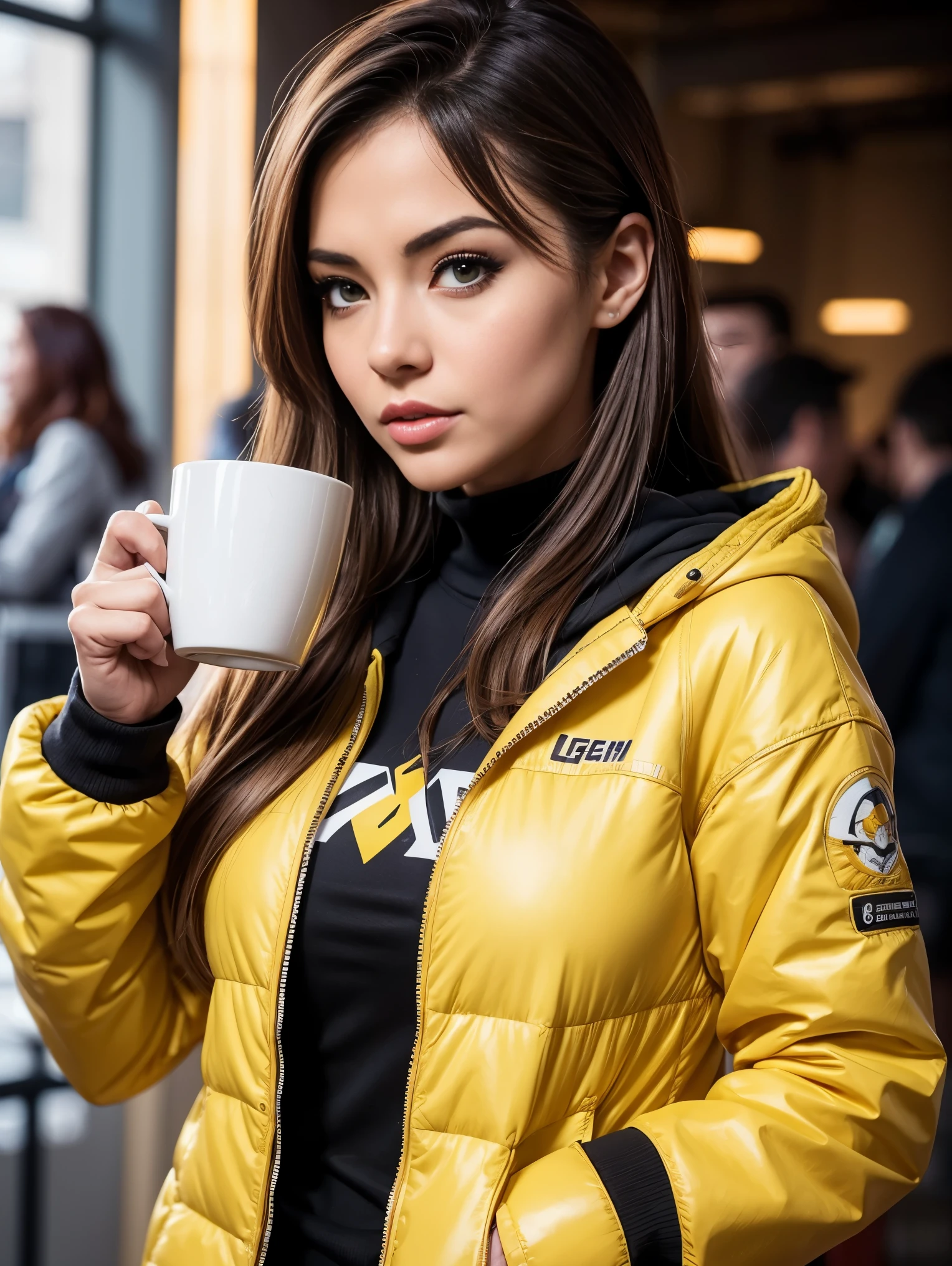 a woman in a yellow jacket holding a cup of coffee, extremely detailed artgerm, anime girl drinks energy drink, senna from league of legends, lovely brigitte from overwatch, brigitte from overwatch, ruan jia and artgerm, trending artgerm, faye valentine, like artgerm, range murata and artgerm, ig model | artgerm