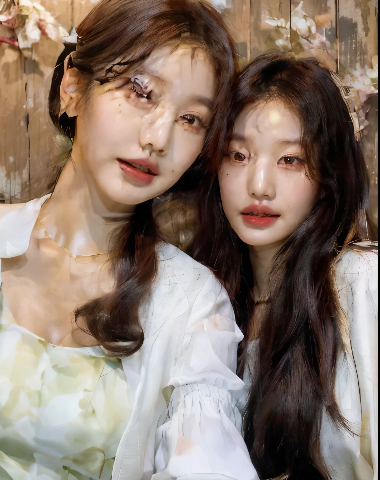Two Asian women posing for a painting in front of a wall, Ulzzang, bae suzy, Jinyoung Shin, com hera, nixeu e sakimichan, Lalisa Manobal, jaeyeon nam, # oc, #oc, com preto, duas vezes, 8k)), imagem de perfil, they are close to each other, tzuyu from duas vezes