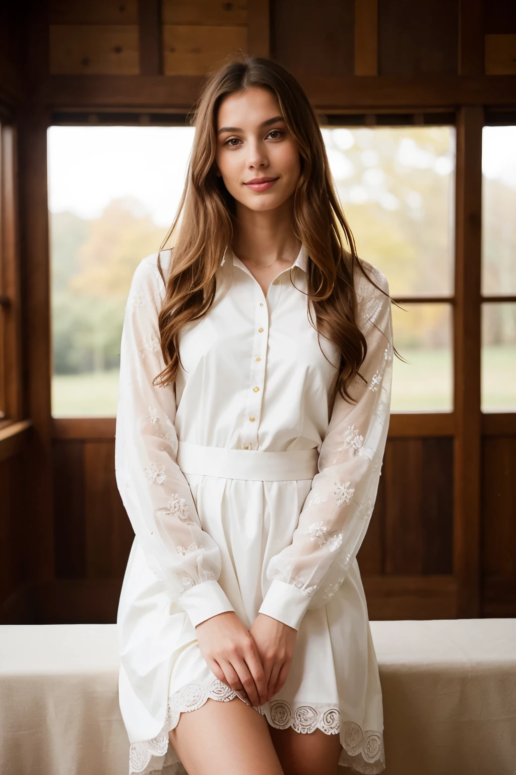 A model wearing one of her classic modest outfits, super realistic, free of NSFW content and inappropriate images, shows her grace and elegance, with a gentle smile on her lips, long wavy chestnut hair, and a calm, introspective gaze, dressed in a high-quality, intricately detailed, long-sleeve knee-length dress, accessorized with subtle yet elegant jewelry, her posture exuding confidence and serenity.
