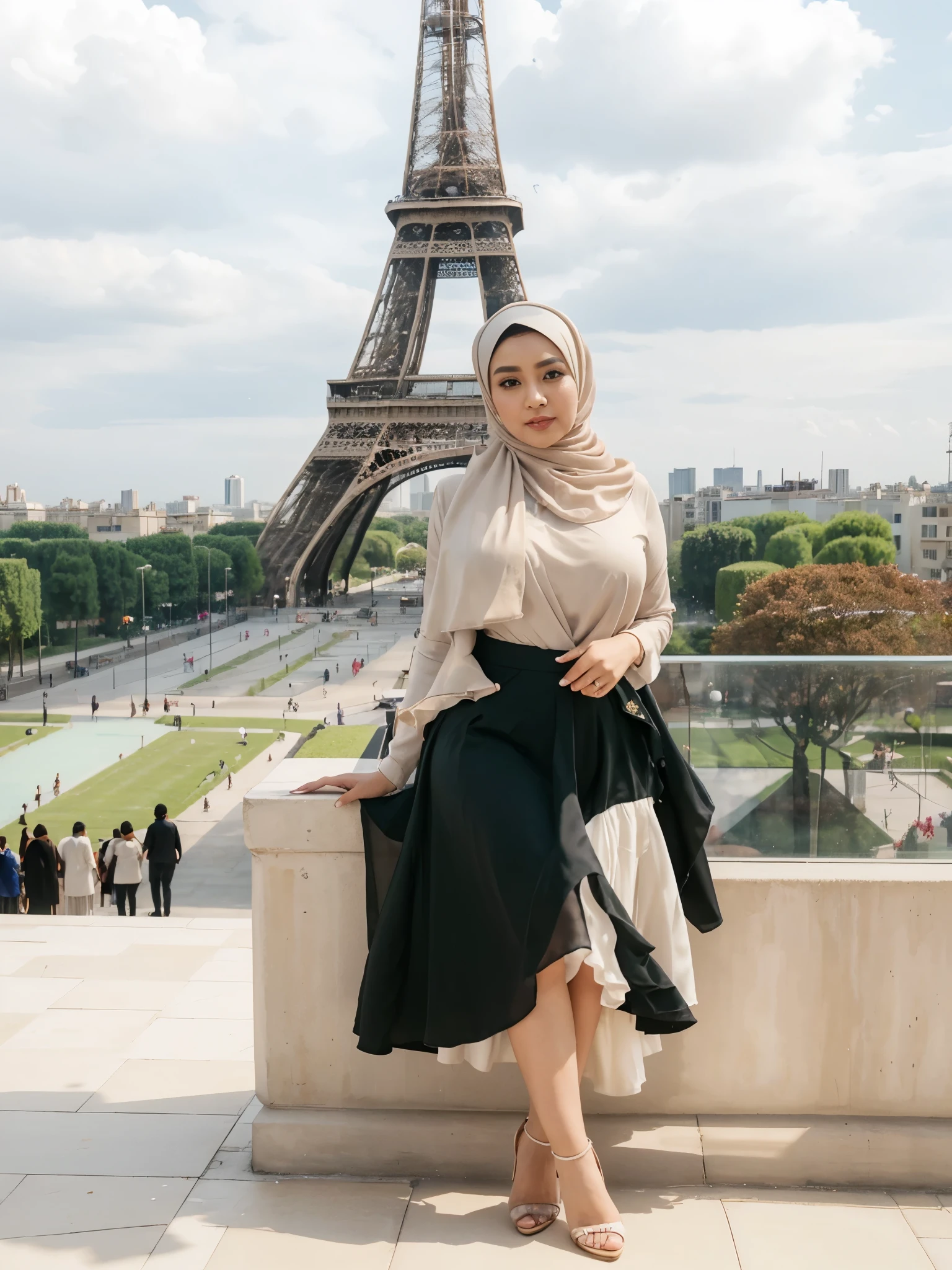 (masterpiece), best quality, malaysian woman,((35 years)), curvaceous, wearing hijab, Masterpiece: 1.3, wearing pearl hijab, long skirt, heels, Masterpiece, Paris view background, bokeh,