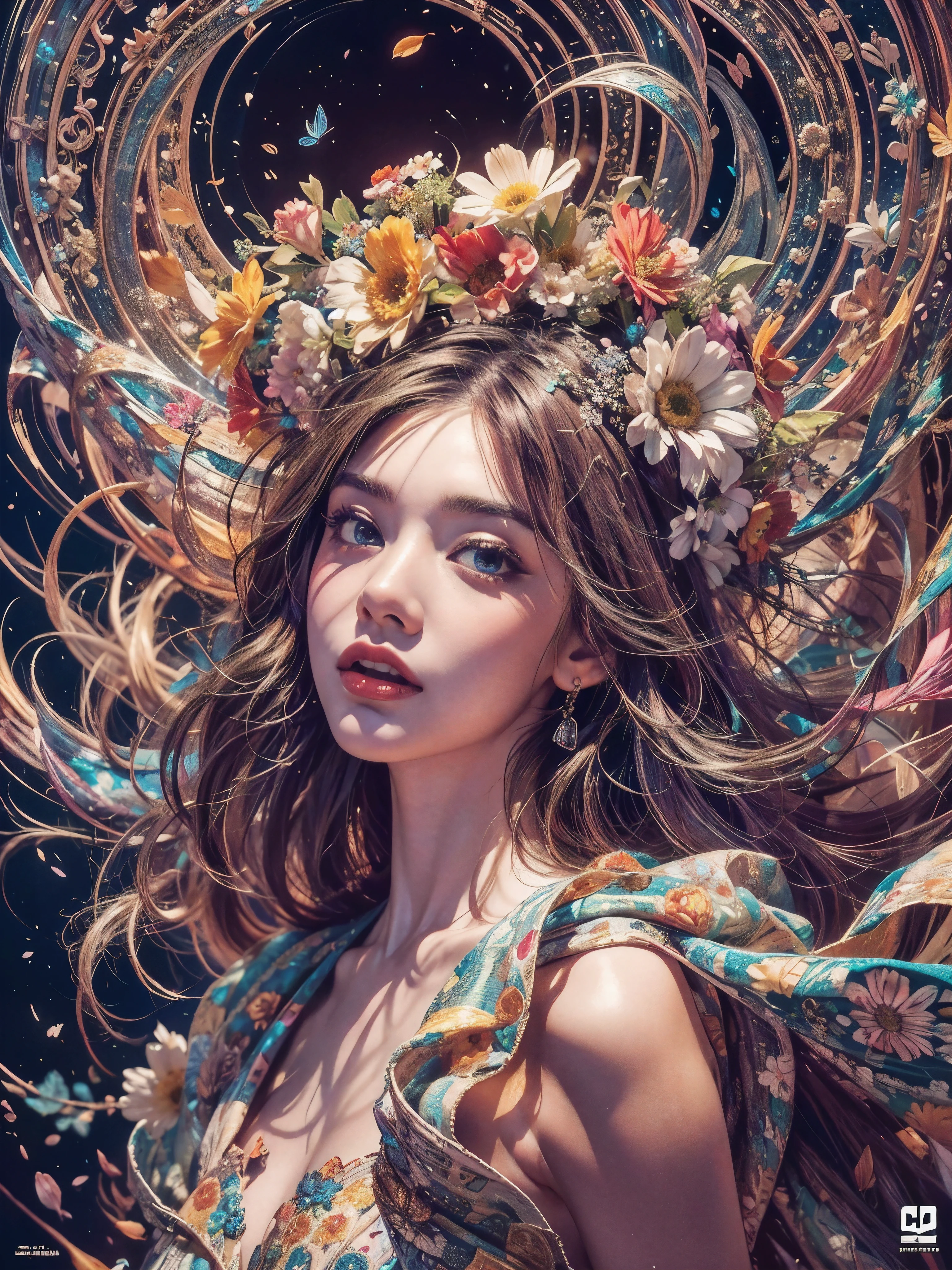 psychedelic style abstract beauty,1 girl,, approaching perfection, highly detailed, digital painting, artstation, concept art, illustration, vibrant colors, swirling patterns, abstract forms, surreal, blooming flowers,
colorful petals, complicated background