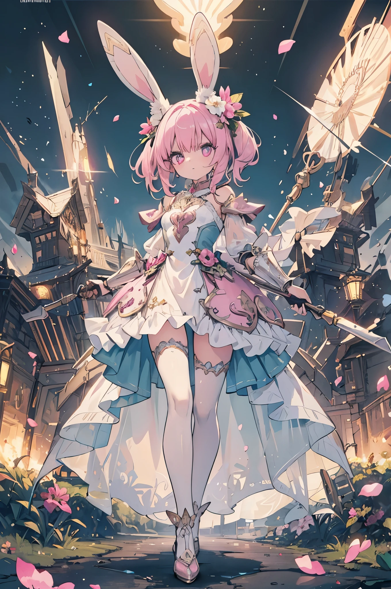 ((Highly accurate drawing in every detail)Extremely precise depiction)[High resolution],(detailed illustrations,とてもfineで緻密な描画,Delicate drawn lines with tempo,Realistic texture expression),[color traced main line],(fantasy world battlefield [burning castle]),(GIRL ROBOT 12yo (pink rabbit [METALFACE[clear lenticular iris]])) [WEAPON MACHINE],(([petal] metal dress [frills]) [flower pattern] [Clear pink translucent armor that covers the body surface]) [ribbon]) [Energy tubes that glow at the joints],[use a sledgehammer as a weapon],[[Mobile Weapon Gigant Size][science fiction mechanical]],(Metallic luster on metal parts),(intricate and beautiful decoration [Dense detail]),(Precisely drawn face)[perfect eye details(Beautifully detailed iris)(Eyes like deep jewels)],(eyes light[Pinpoint lighting for the eyes]),[long and beautiful eyelashes],[precisely drawn hair [Beautiful and shiny hair details]],(perfect hand details [Beautiful fingers with no damage [beautiful nails]]),(perfect anatomy(perfectly balanced proportions))[[full body portrait]],[ideal color coordination(Accurate simulation of light and material interactions)],[Visual art that tells a story],((highest quality)fine[[High density drawing]])(4K Quality).