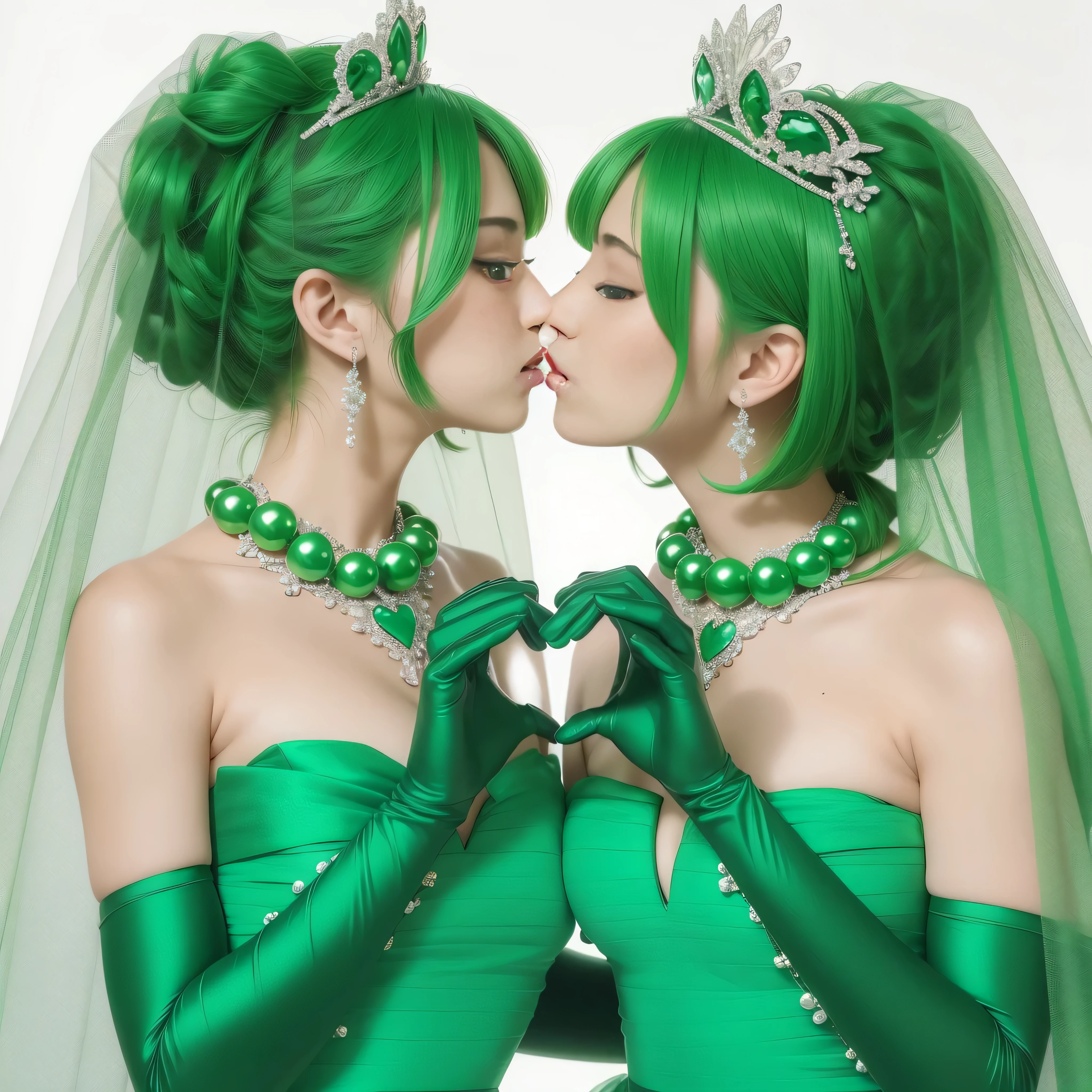 High resolution、Super detailed、(1 girl:1.3), 教会でkissをする二人の女性, Green Satin Long Gloves, Green Wedding Dresses, Green shorthair, lipstick, kiss, bride, green pearl necklace, ボーイッシュなGreen shorthair, lesbian、口から口にkiss, High quality film stills, Sexy lesbian couple make, Passionate, green one piece, Green Bridal Veil, green pearl necklace, heart with both hands, heart shaped hand, big breasts