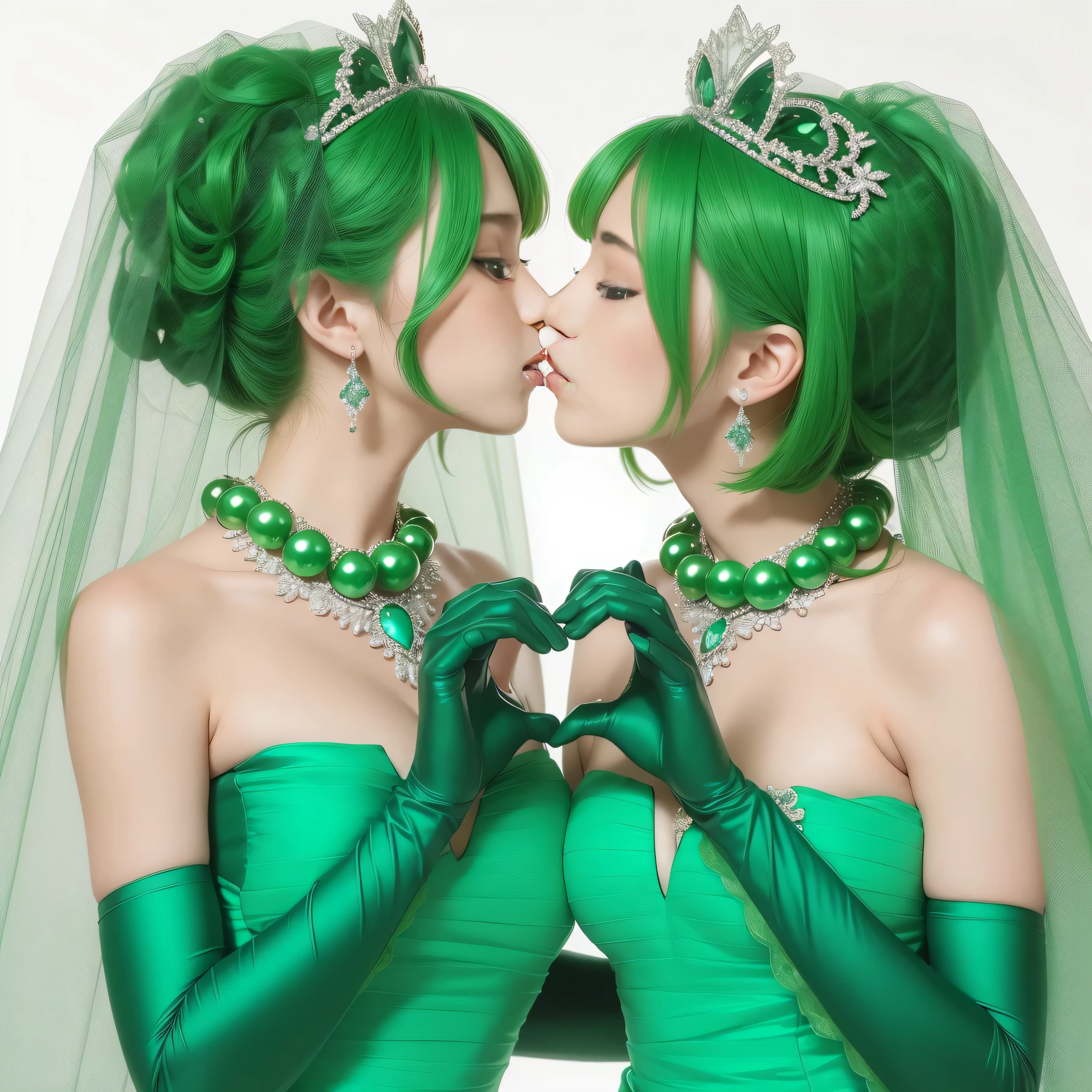 High resolution、Super detailed、(1 girl:1.3), 教会でkissをする二人の女性, Green Satin Long Gloves, Green Wedding Dresses, Green shorthair, lipstick, kiss, bride, green pearl necklace, ボーイッシュなGreen shorthair, lesbian、口から口にkiss, High quality film stills, Sexy lesbian couple make, Passionate, green one piece, Green Bridal Veil, green pearl necklace, heart with both hands, heart shaped hand, big breasts