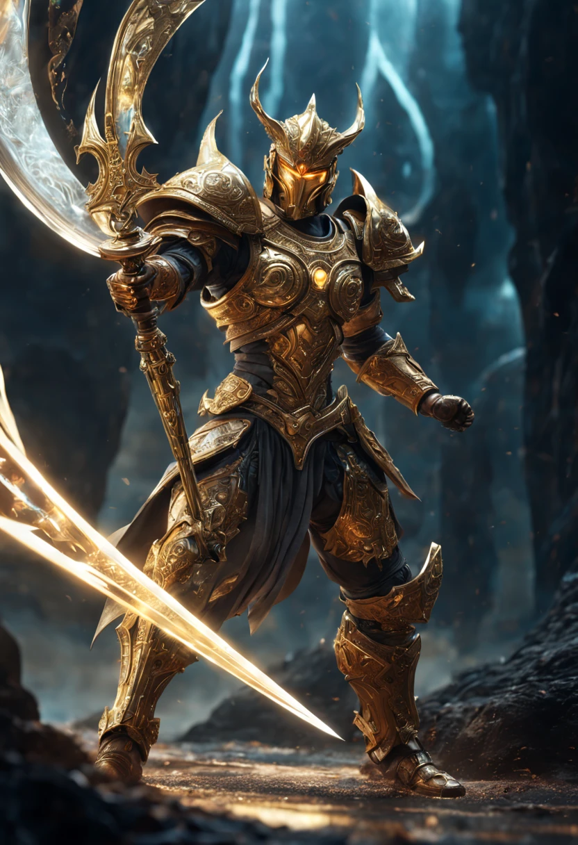 
            Golden stunning mechanical warrior with glowing crystal sword fighting stance, attack posture, Sword holding posture,

               Abstract background magic swirl with sophisticated features in a sci-fi environment,灯光 hyper-realistic  实际的, High detail style dynamic lighting pro is intricate,Super detailed, Realistic rendering, Unreal Engine, hyper-realistic, lifelike,  fantasy, epic work, masterpiece