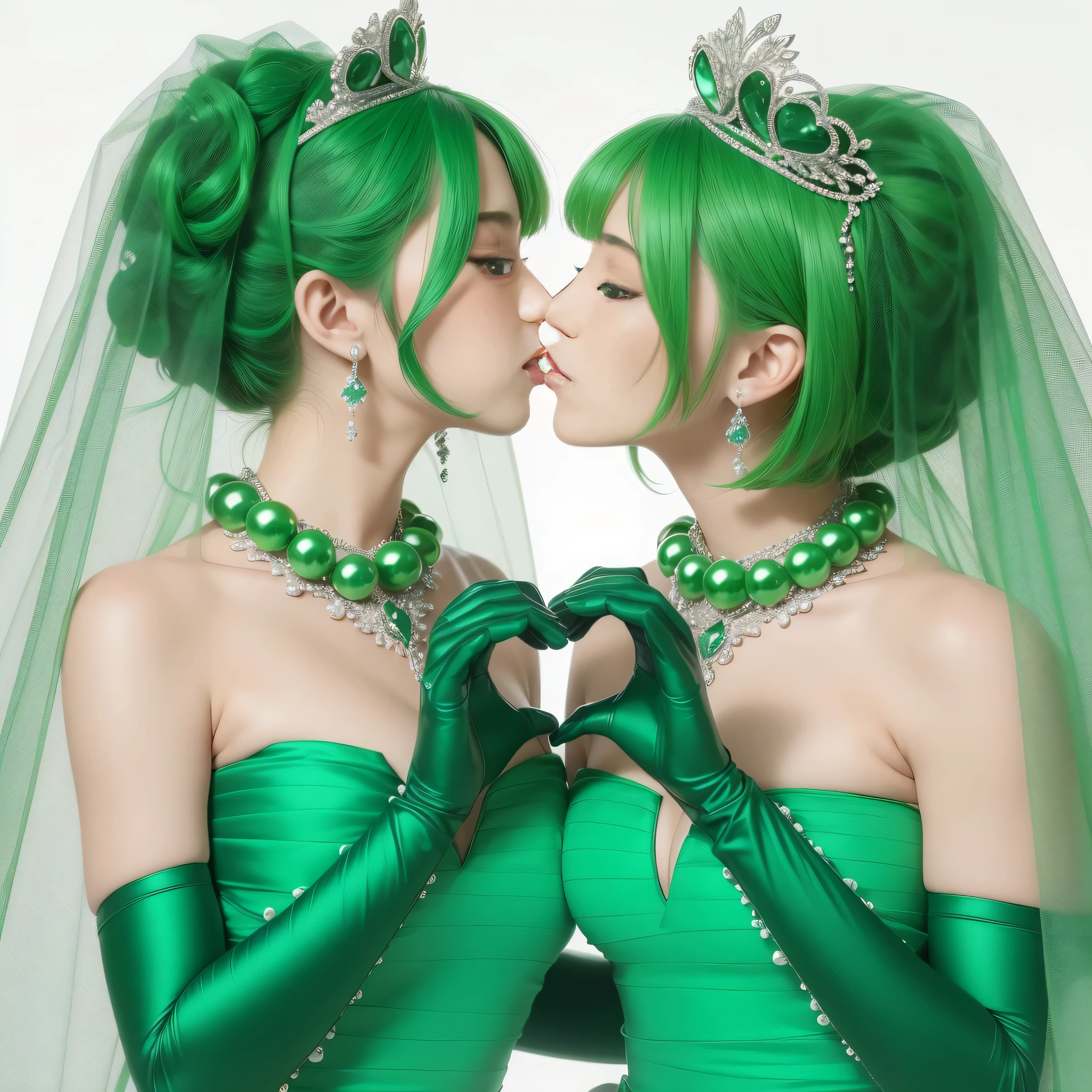 High resolution、Super detailed、(1 girl:1.3), 教会でkissをする二人の女性, Green Satin Long Gloves, Green Wedding Dresses, Green shorthair, lipstick, kiss, bride, green pearl necklace, ボーイッシュなGreen shorthair, lesbian、口から口にkiss, High quality film stills, Sexy lesbian couple make, Passionate, green one piece, Green Bridal Veil, green pearl necklace, heart with both hands, heart shaped hand, big breasts