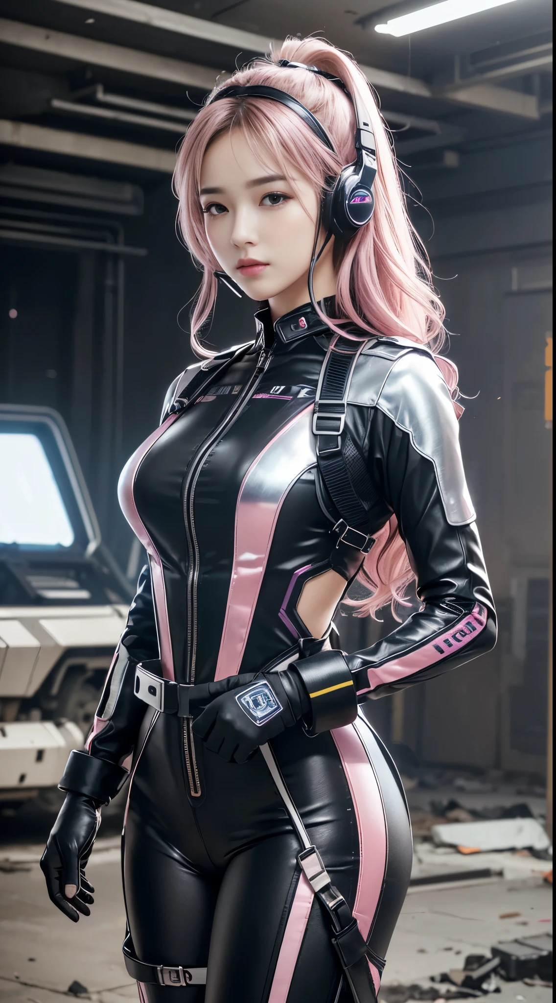 Top Quality, Ultra High Definition, (backlight), (Photorealistic: 1.4), (front shot:1), 1 Beautiful Girl, (Kpop Idol), Detailed Face, (Hair Style: Pink:1, fullbang, wavy-hairstyle:1), Contrapposto, Perfect Anatomy, muscular and plump:0.5, wavy hair, Natural Lighting, ((wearing Futuristic Police Racing Suits, police wappen, High-tech Headset, military harness, racing gloves, handgun)), outside honey wavy hairstyle, (Cloths colors based on silver pink black white), (background, crashed abandoned machines, smokes, indoor space),