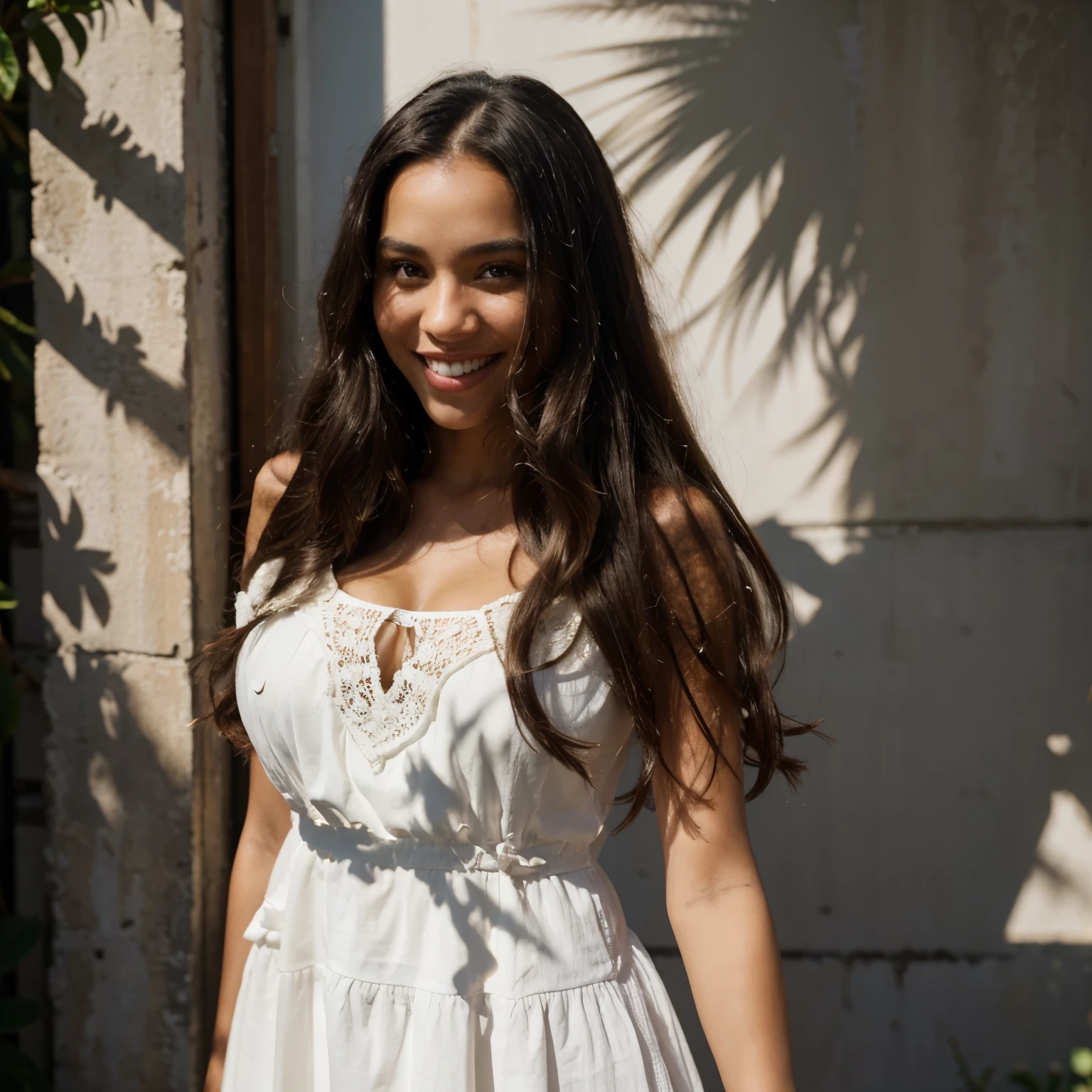 beautiful lightskinned woman with long dark hair, smiling, white teeth, dress, (looking at the camera:1.4), (highest quality), (best shadow), intricate details